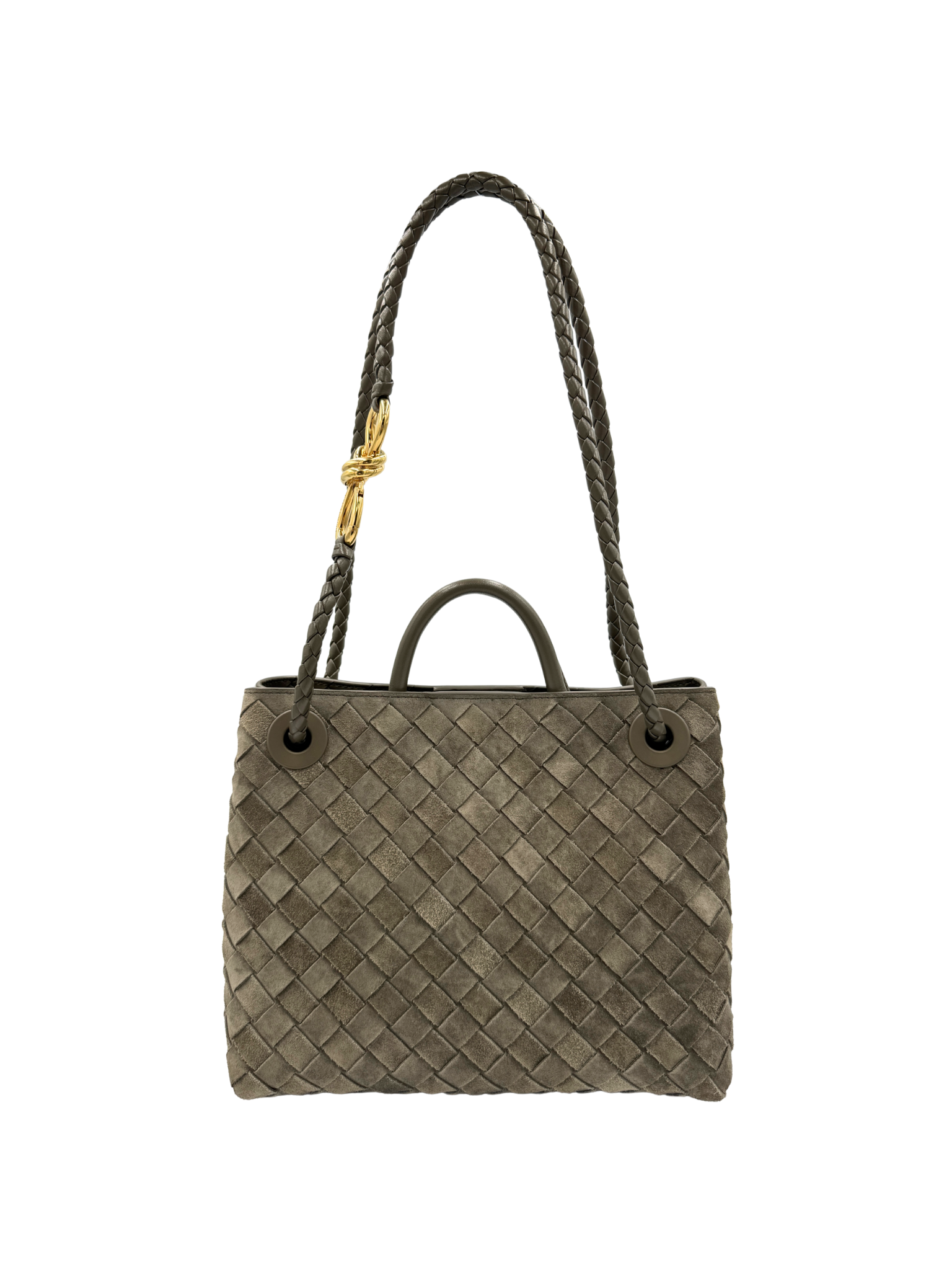 Small Andiamo Top Handle Shoulder Bag in Cypress Green Intrecciato Suede