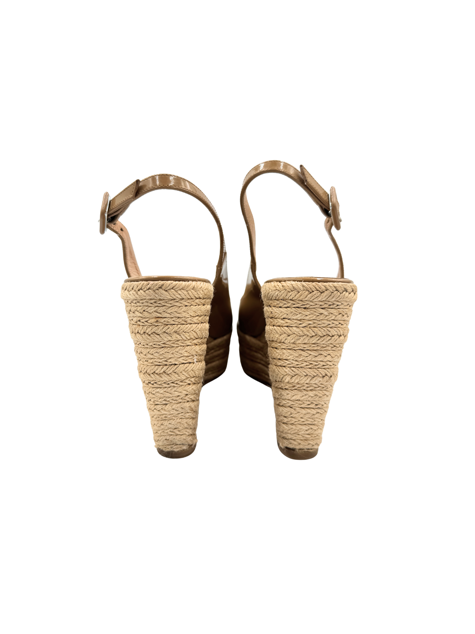 Size 39 Peep Toe Platform Wedge Espadrille Sandals in Nude Patent Leather