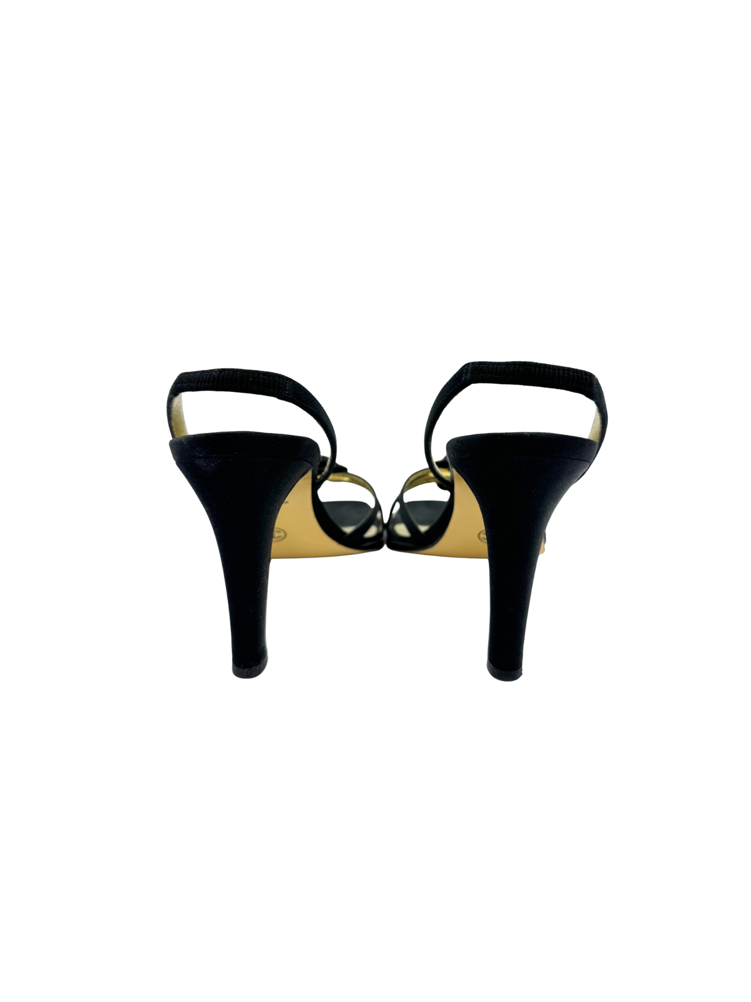 Size 38.5 Vintage Karl Lagerfeld Era Camellia Strappy Square Toe Sandals in Black Fabric
