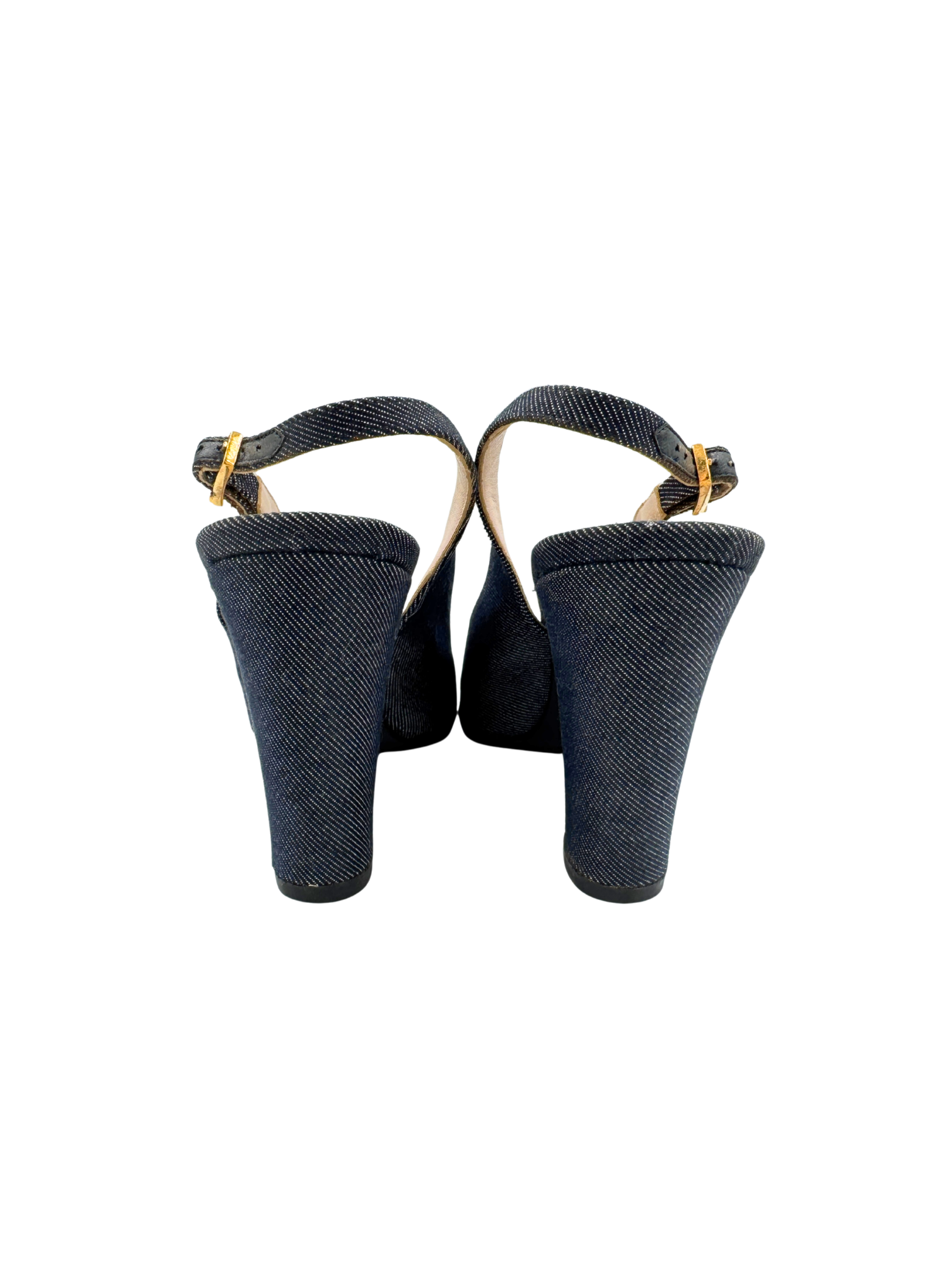 Size 37.5 Vintage Karl Lagerfeld Era CC Logo Slingback Heels in Navy Denim