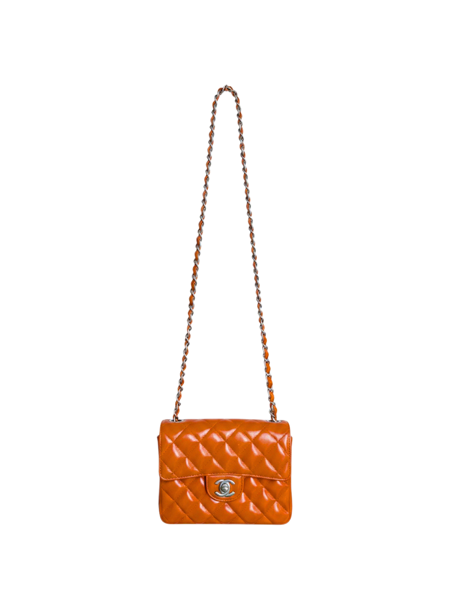 Vintage Karl Lagerfeld Era Square Mini Classic Flap Bag with CC Turnlock in Orange Patent Leather