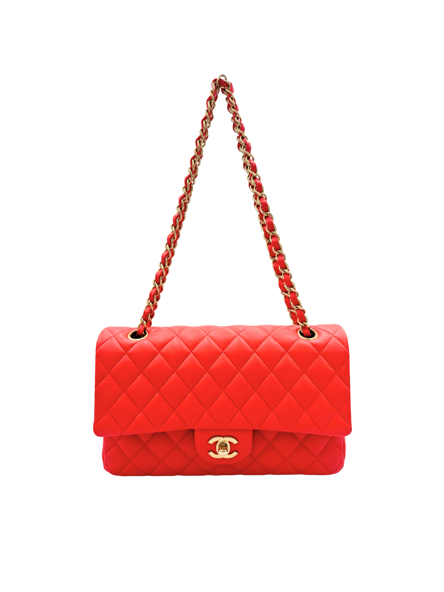 Quilted Medium Classic Double Flap Shoulder Bag in Red Lambskin Leather
