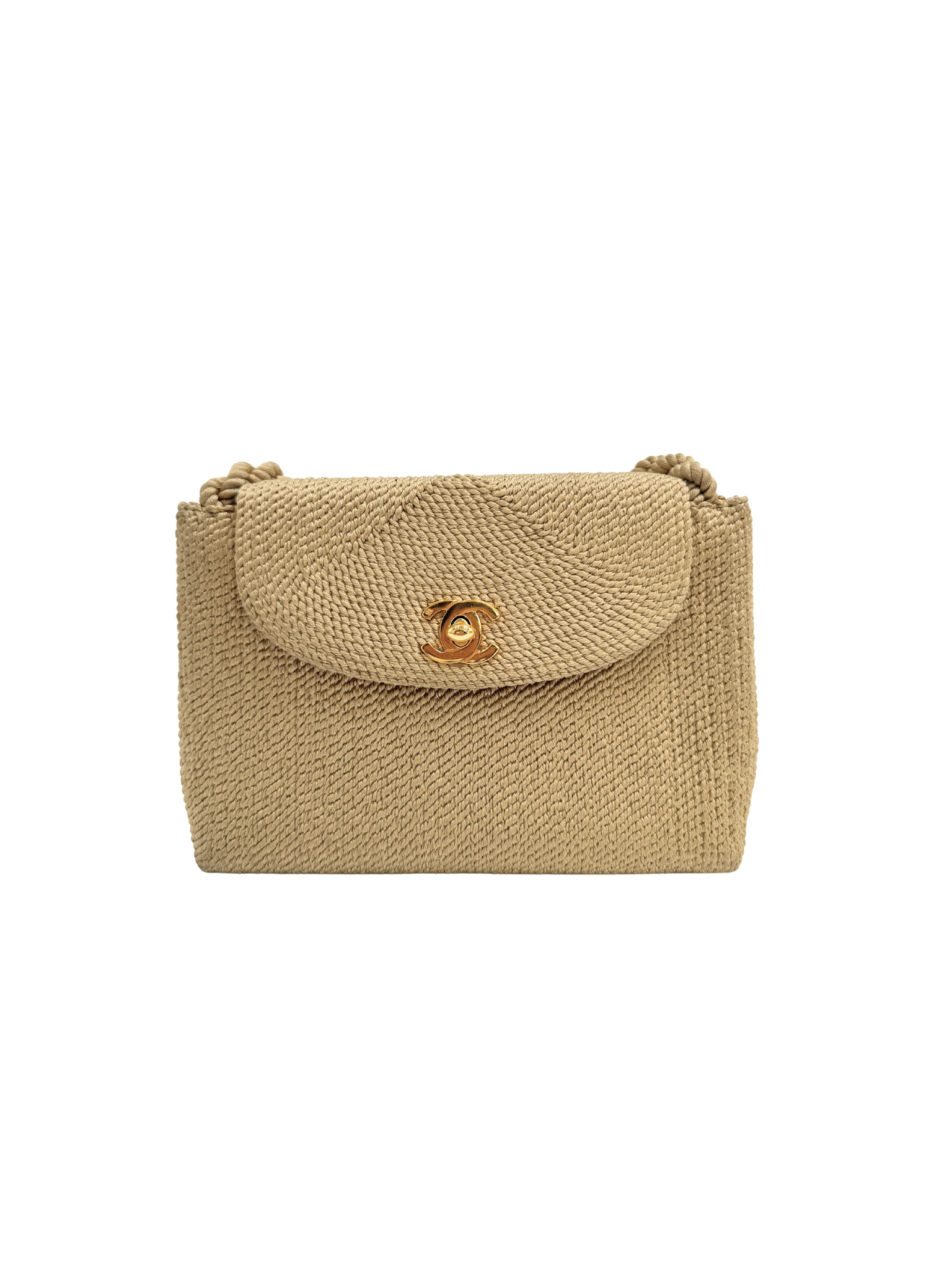 Vintage Woven Single Flap Shoulder Bag with Rope Detail in Gold Satin