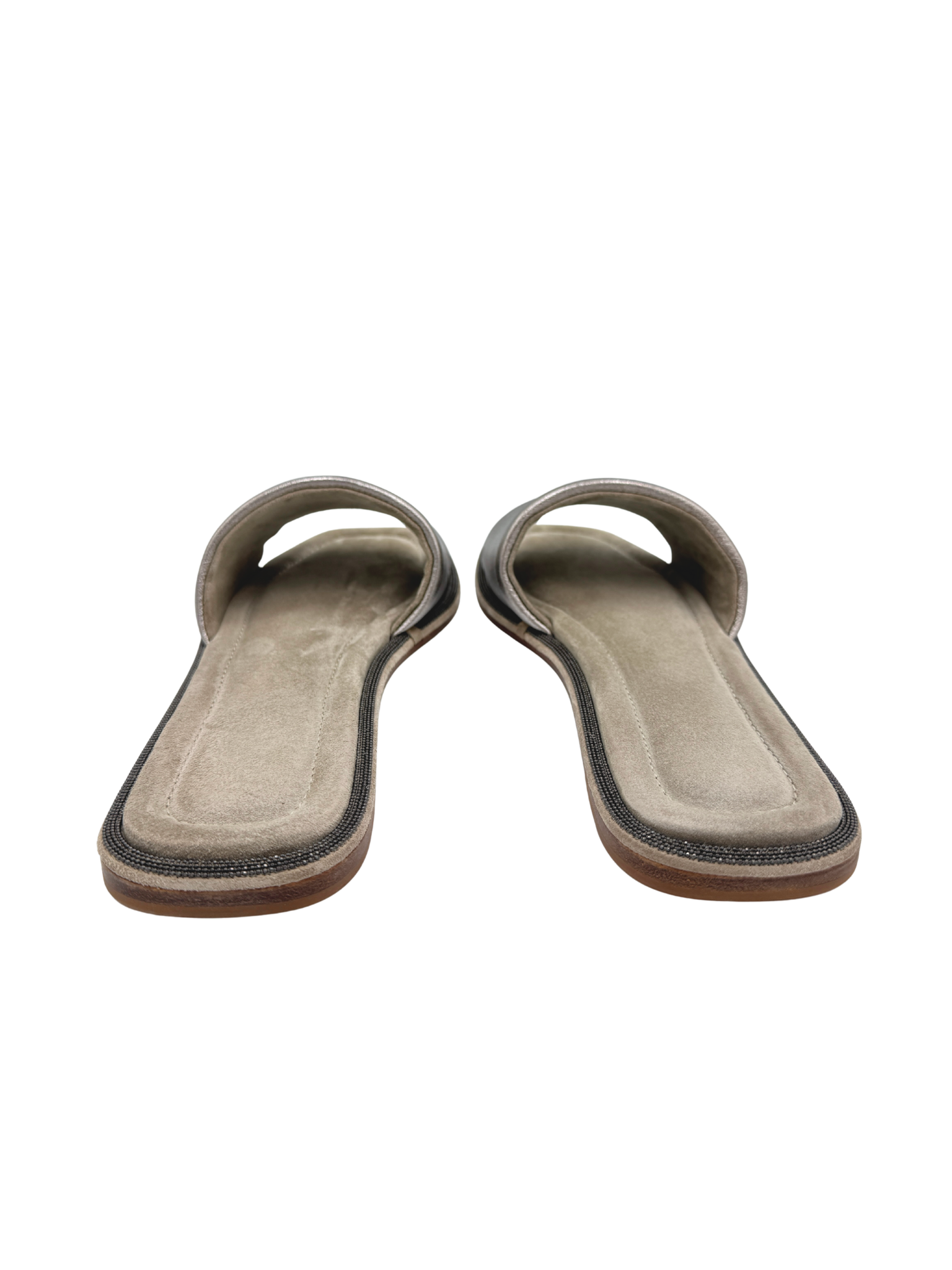 Size 40 Flat Slide Sandals in Silver Leather & Grey Suede