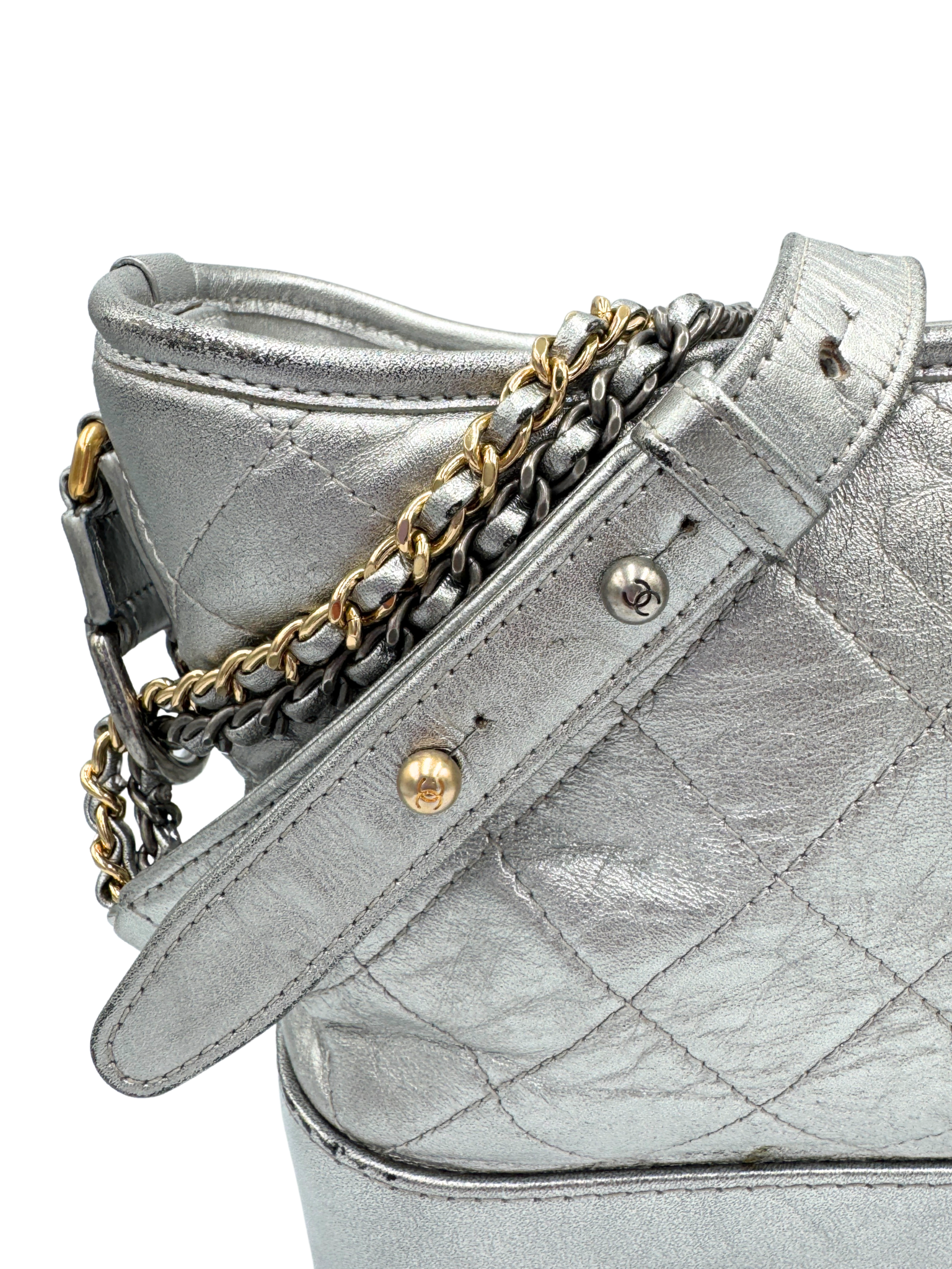 Medium Gabrielle Hobo Shoulder Bag in Aged Silver Calfskin Leather