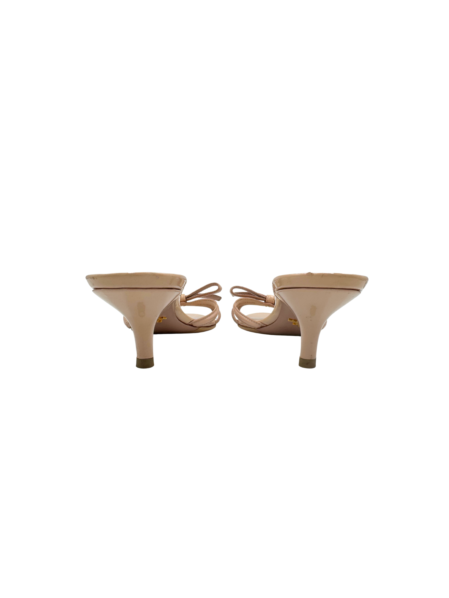 Size 39.5 Strappy Bow Kitten Heel Sandals in Nude Patent Leather