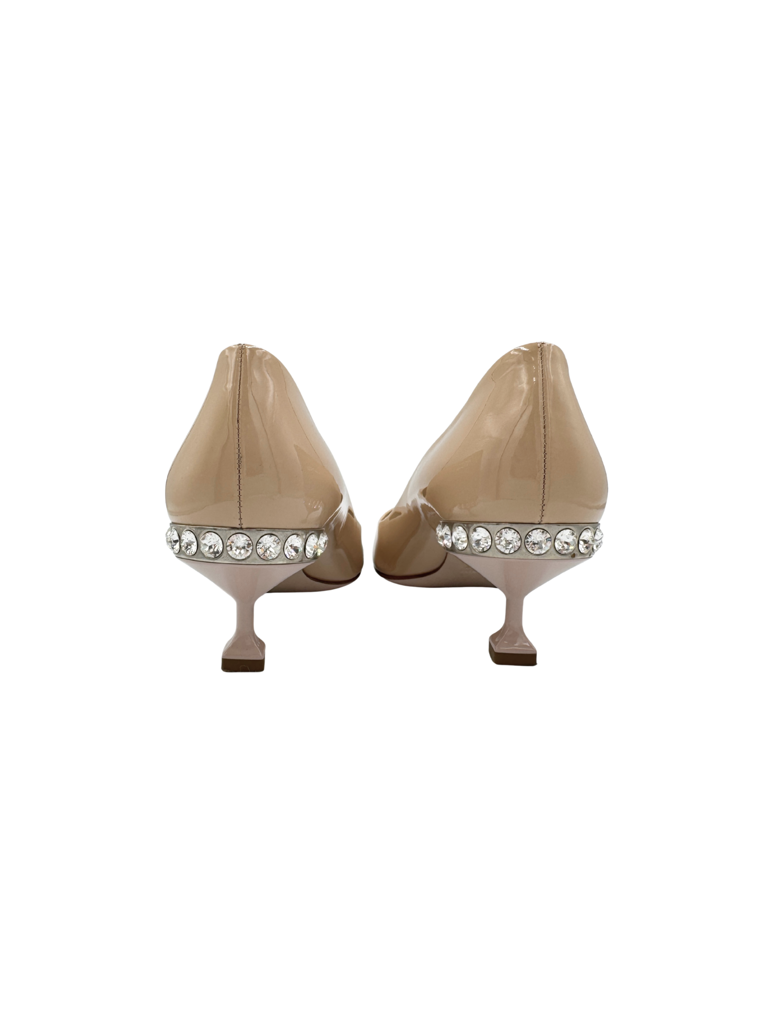 Size 37 Crystal-Embellished Pointed Toe Pumps in Nude Patent Leather