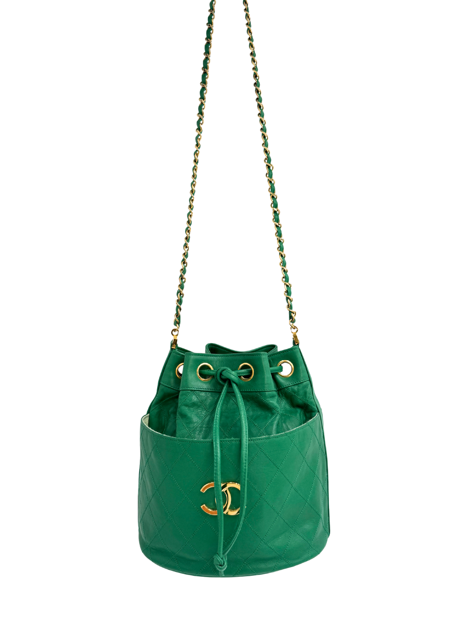 Vintage Quilted Drawstring Bucket Bag with Pouch in Green Lambskin Leather