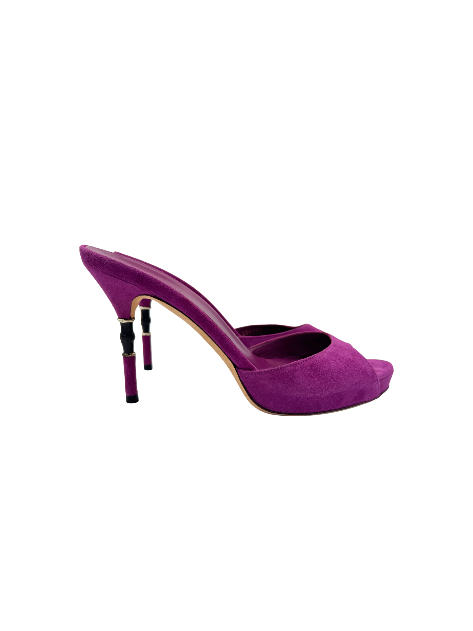 Size 37.5 Bamboo Heel Mule Sandals in Purple Suede