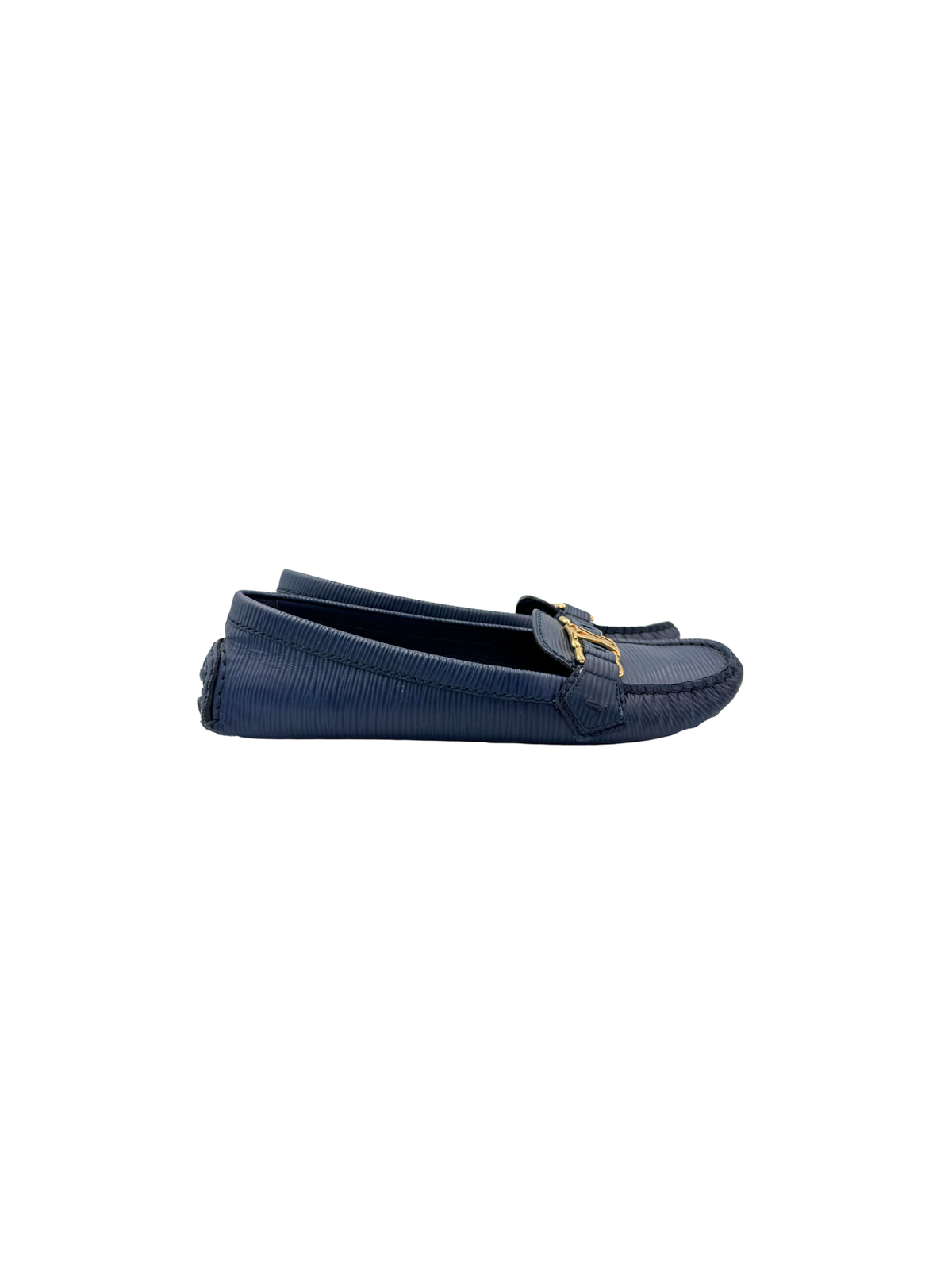 Size 38 Vintage LV Logo Flat Driving Loafer Moccasins in Blue Epi Leather