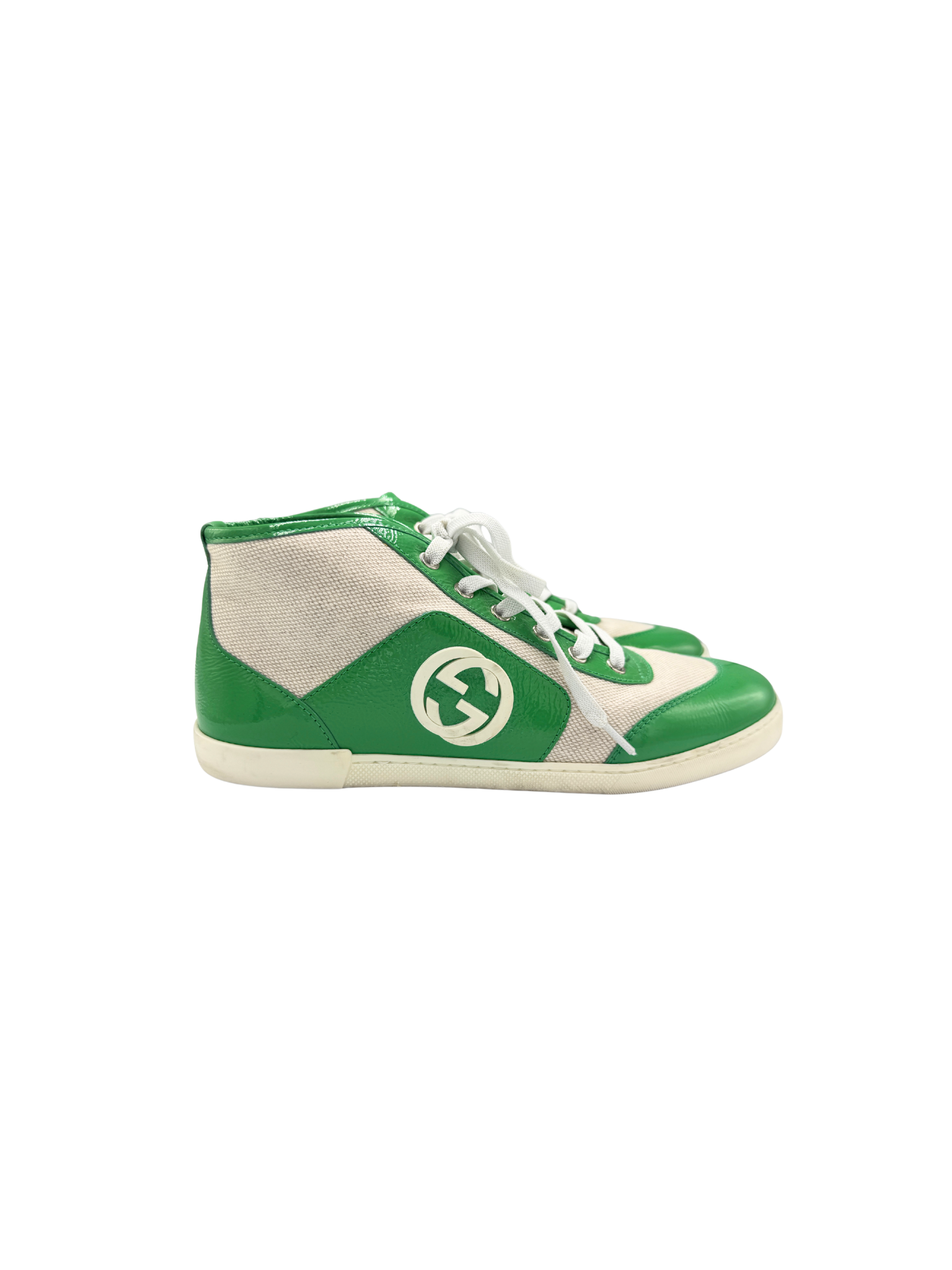 Size 37.5 GG Lace-Up High-Top Sneakers in Ivory Canvas with Green Leather Accents