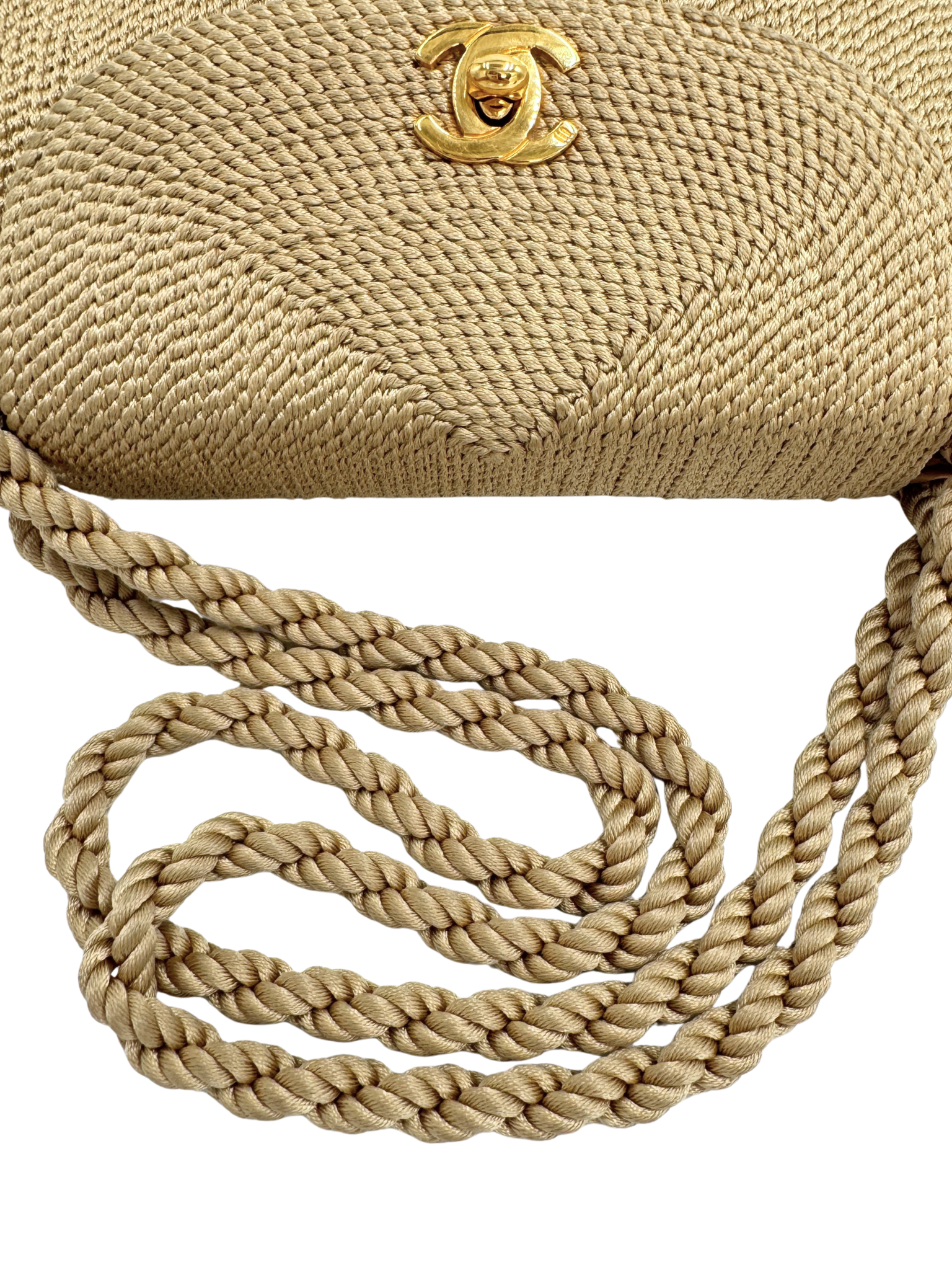 Vintage Woven Single Flap Shoulder Bag with Rope Detail in Gold Satin