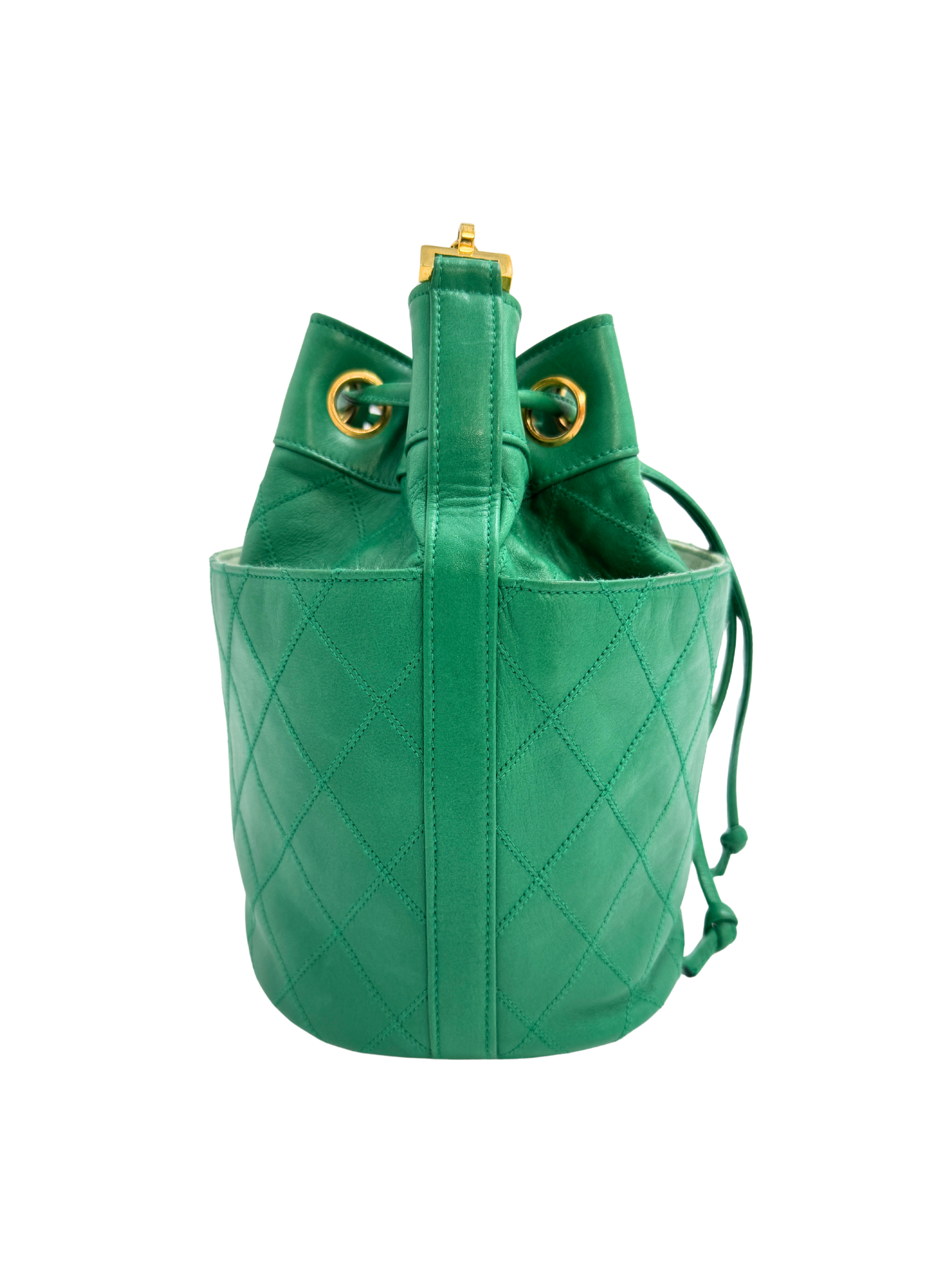 Vintage Quilted Drawstring Bucket Bag with Pouch in Green Lambskin Leather