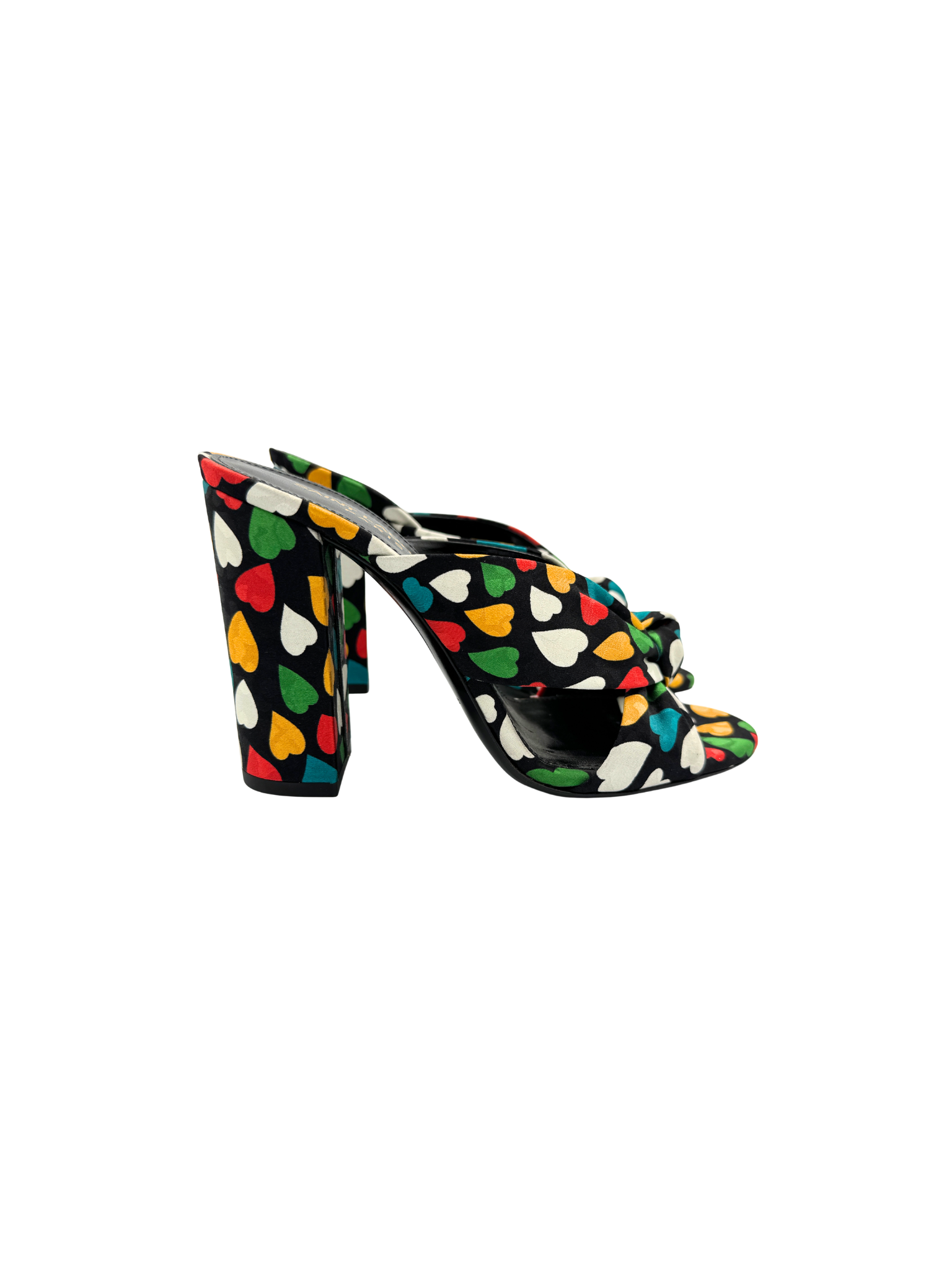 Size 36 Sweetheart Bianca Knot Mule Sandals in Black Multicolor Satin