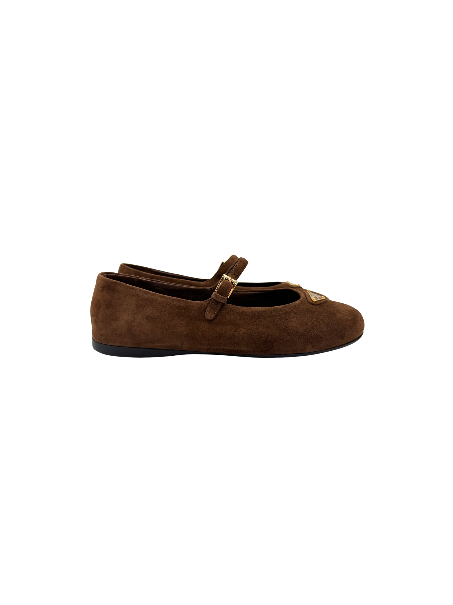 Size 37 Mary Jane Ballet Flats with Triangle Logo Plate in Brown Suede