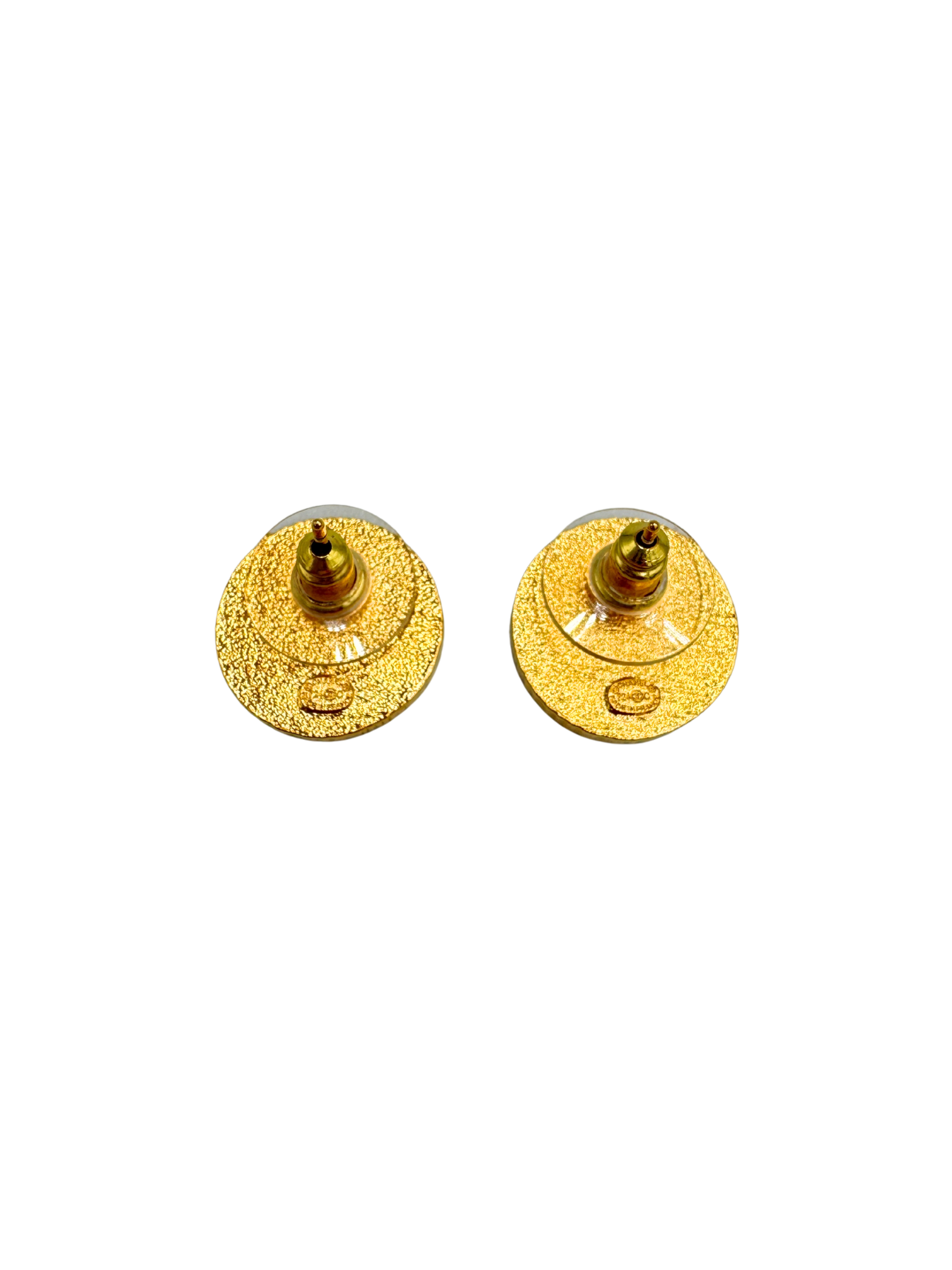 CC Round Stud Earrings in Pink/Black/Gold Metal & Resin