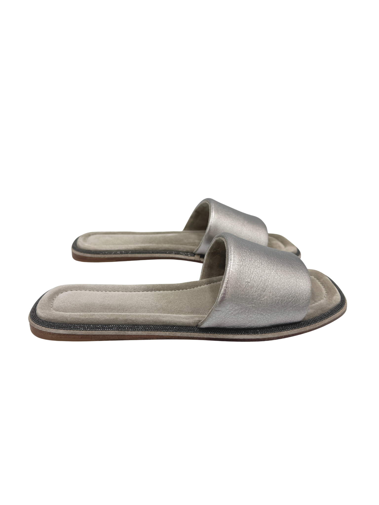 Size 40 Flat Slide Sandals in Silver Leather & Grey Suede