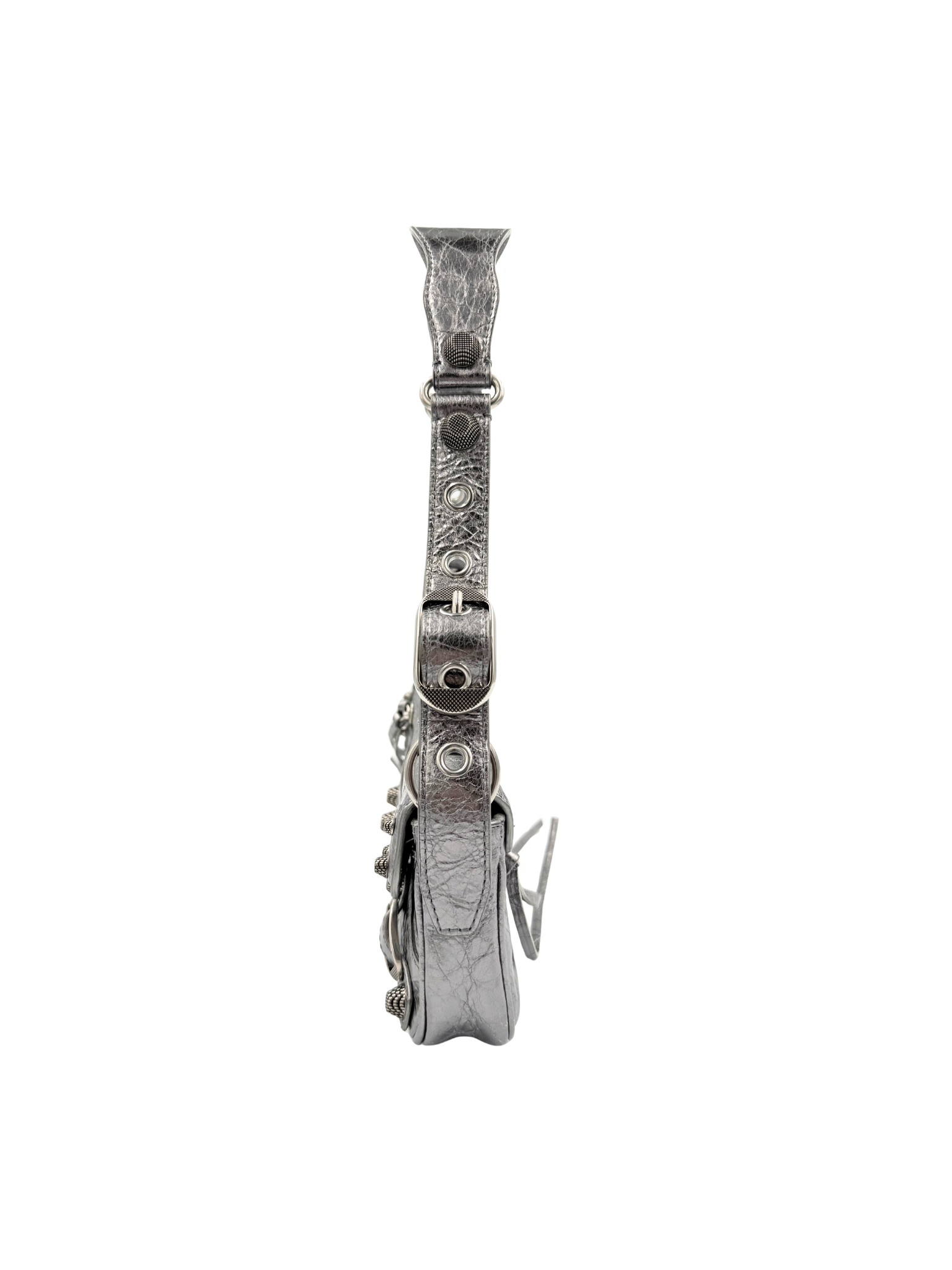 Metallic Small Le Cagole Sling City Shoulder Bag in Aged Silver Pewter Leather