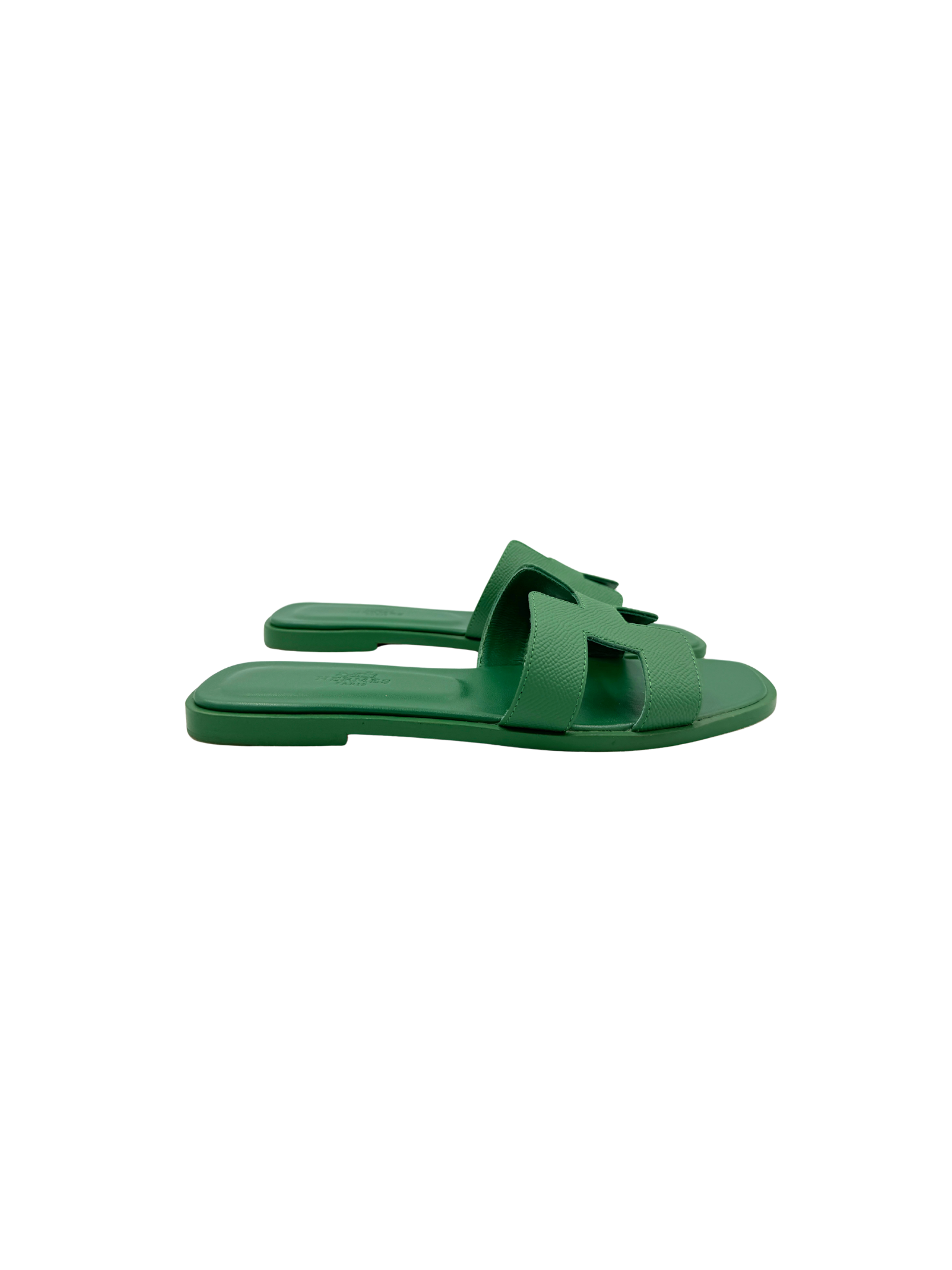Size 37 Classic Oran Flat Slide Sandals in Vert Vertigo Green Epsom Leather