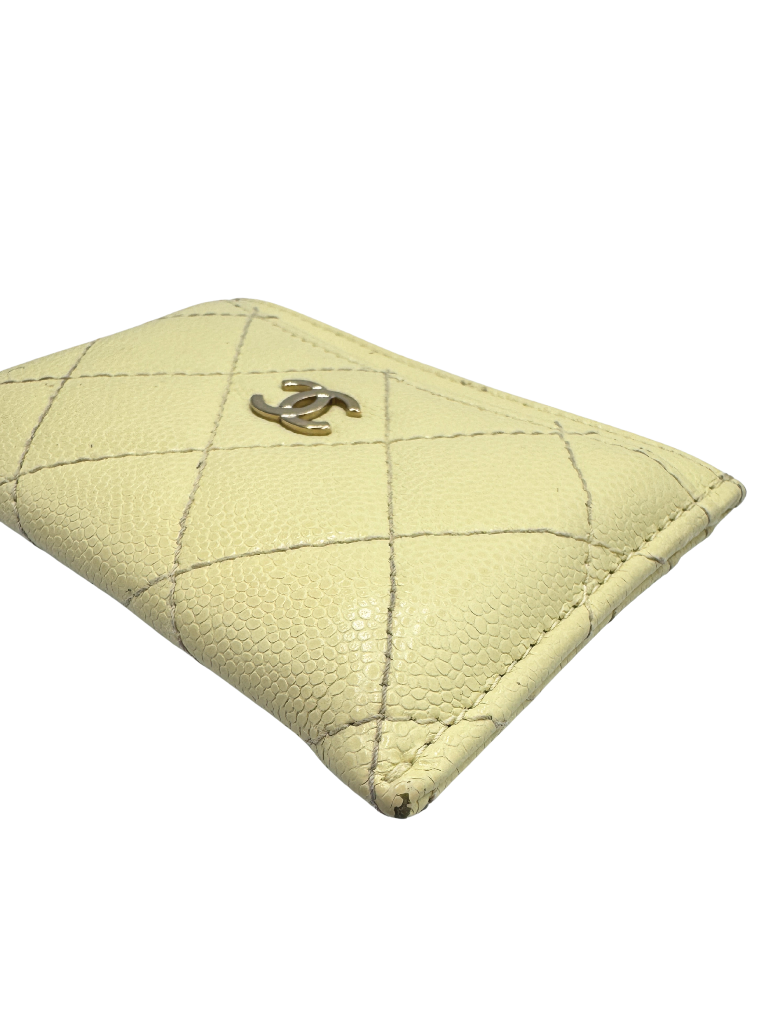 Quilted Classic CC Card Holder Wallet in Light Yellow Caviar Leather