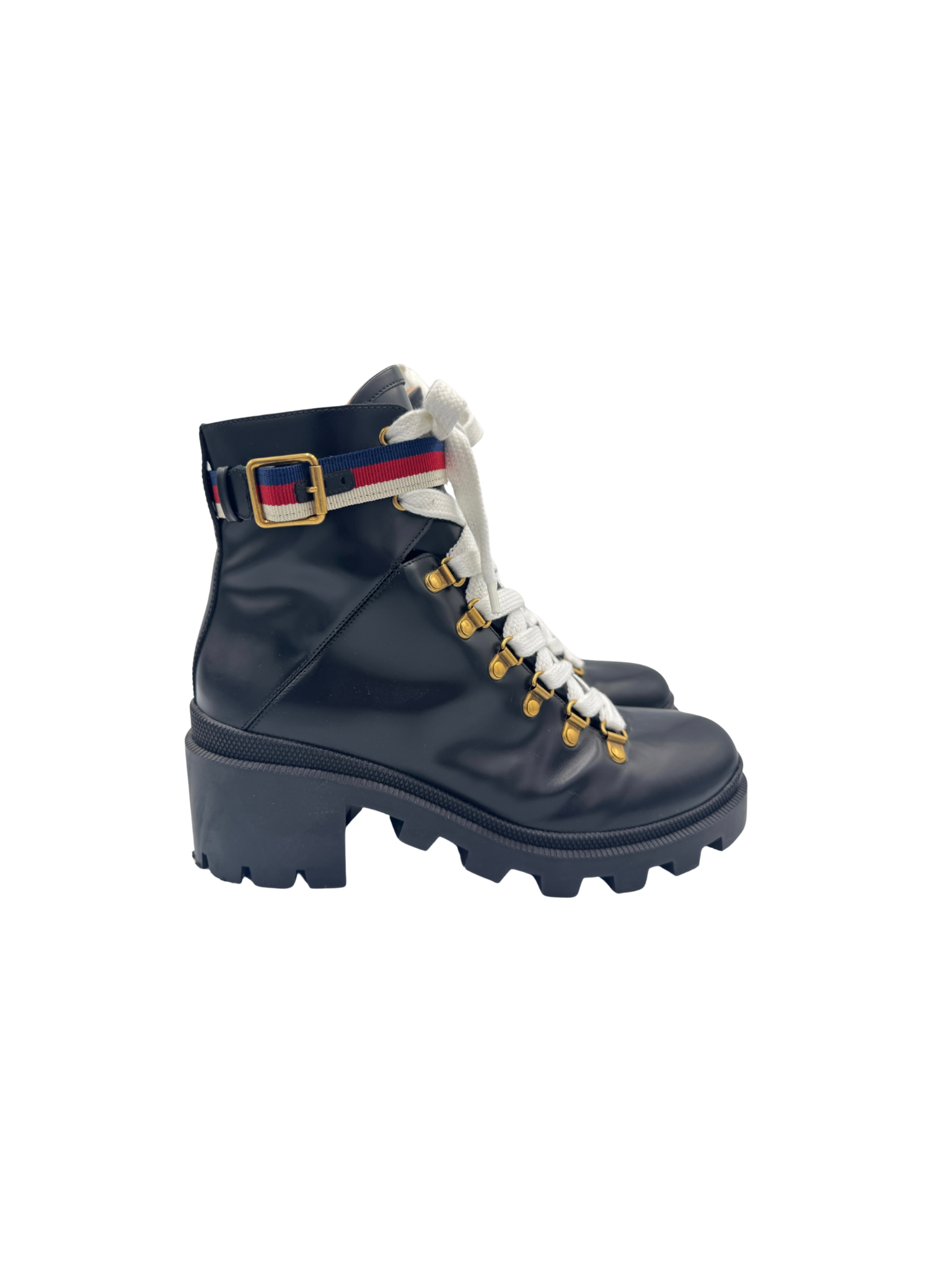 Size 40 Sylvie Web Lace-Up Combat Boots in Black Smooth Leather
