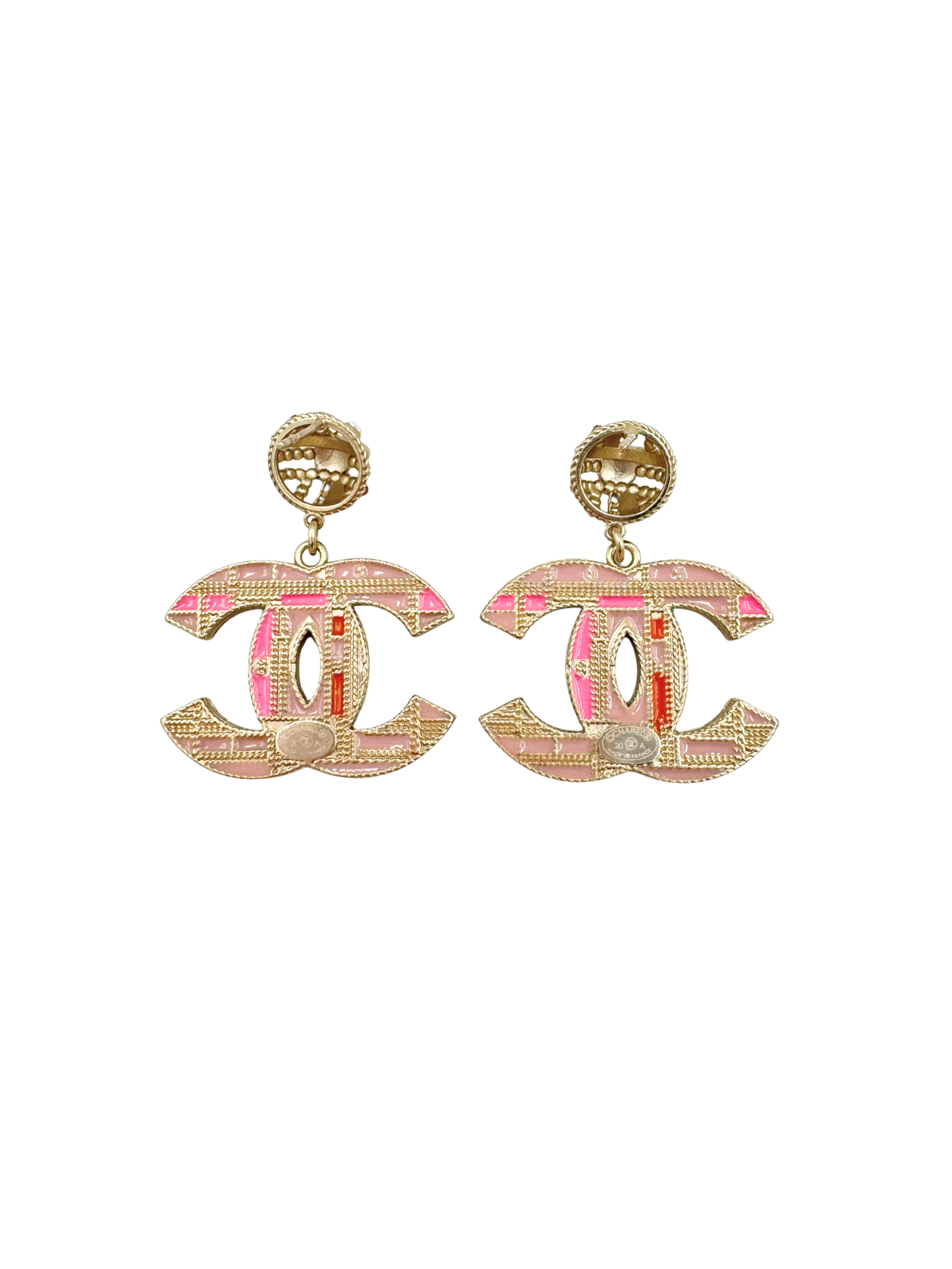 2020 CC Pearl & Crystal-Embellished Drop Earrings in Champagne Gold Hardware with Pink/Orange Enamel