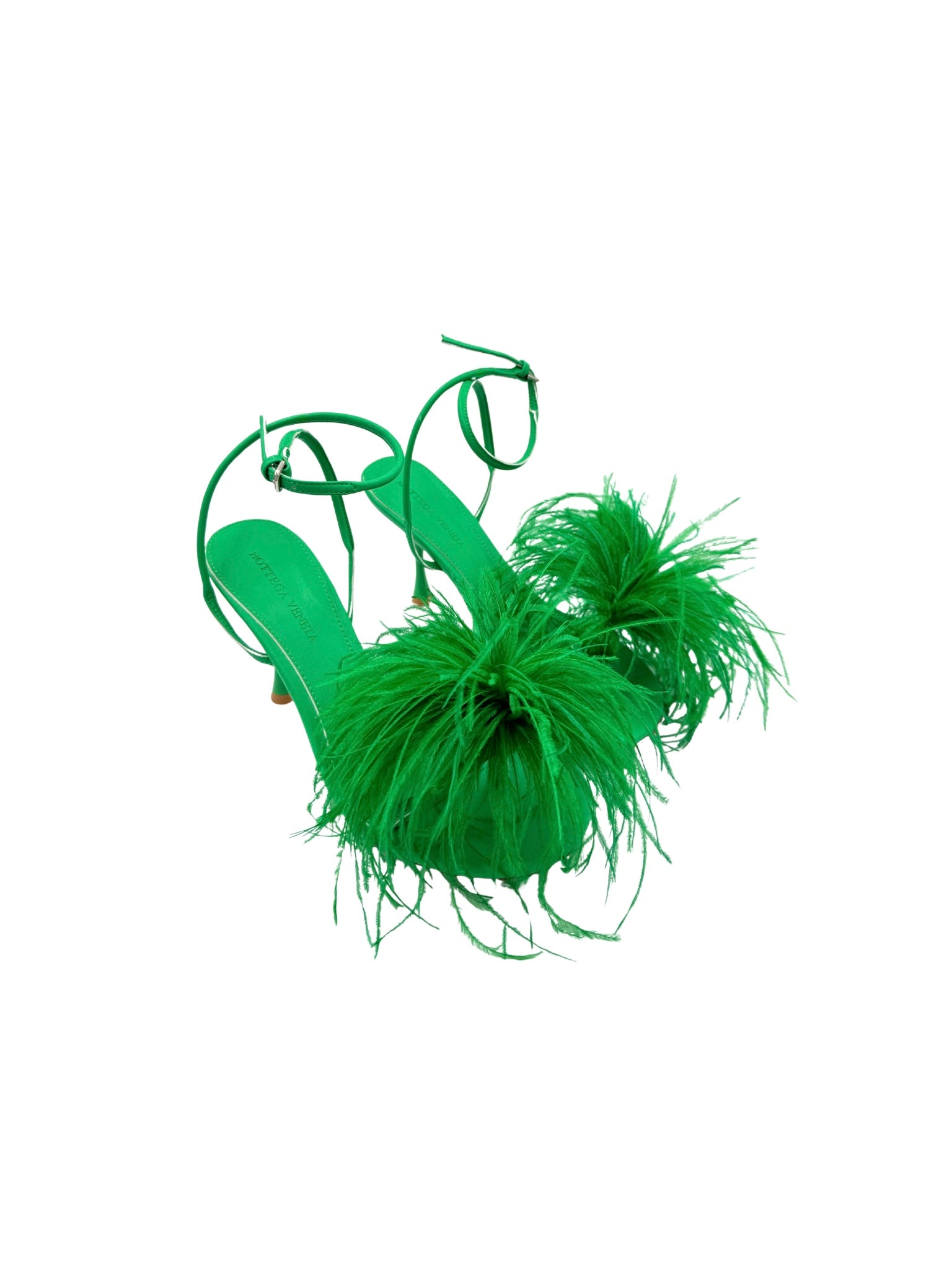 Size 40 Strappy Feather Pom Sandals in Green Smooth Leather