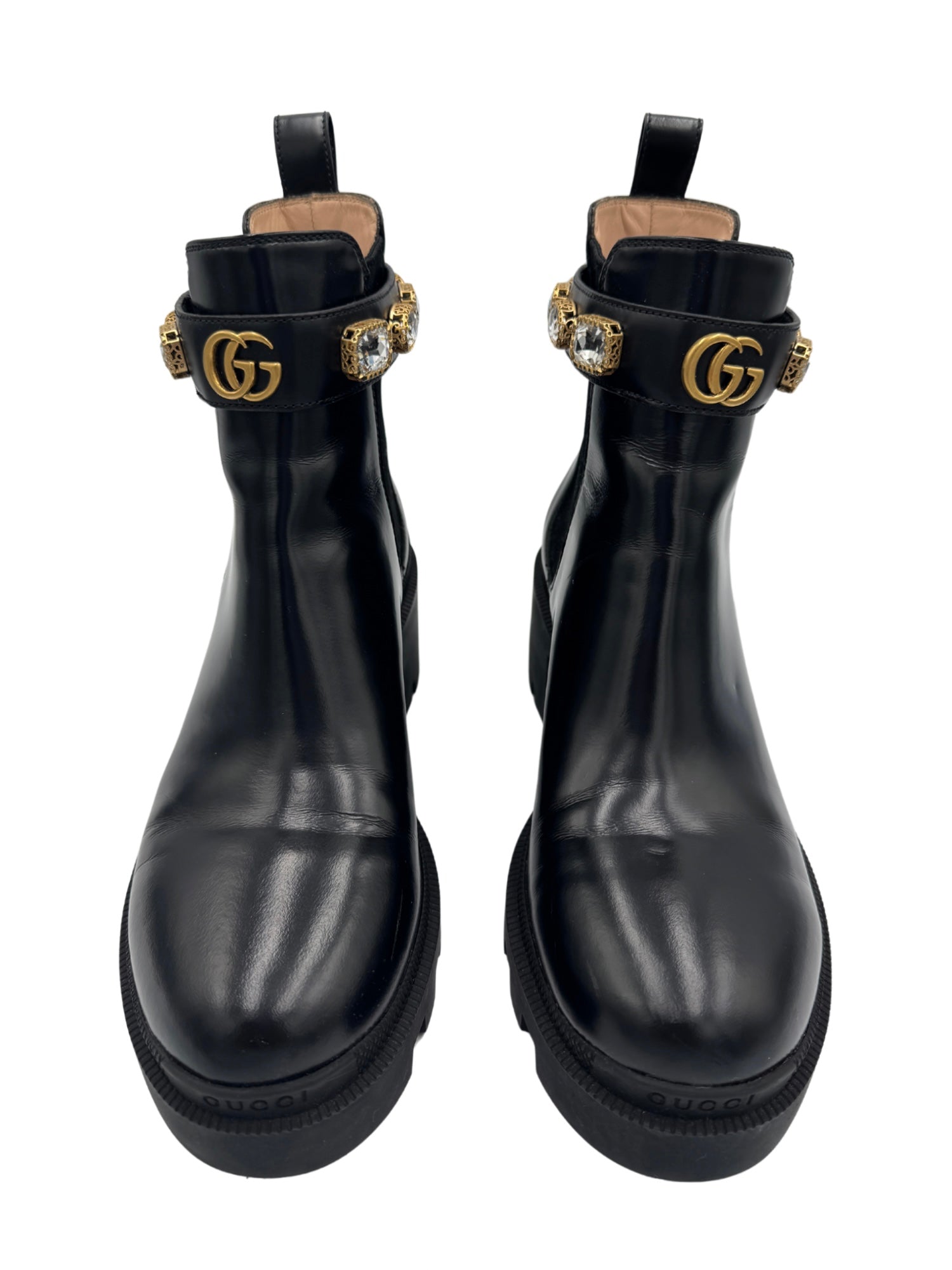 Size 39.5 Trip Crystal-Embellished GG Chelsea Boots in Black Leather
