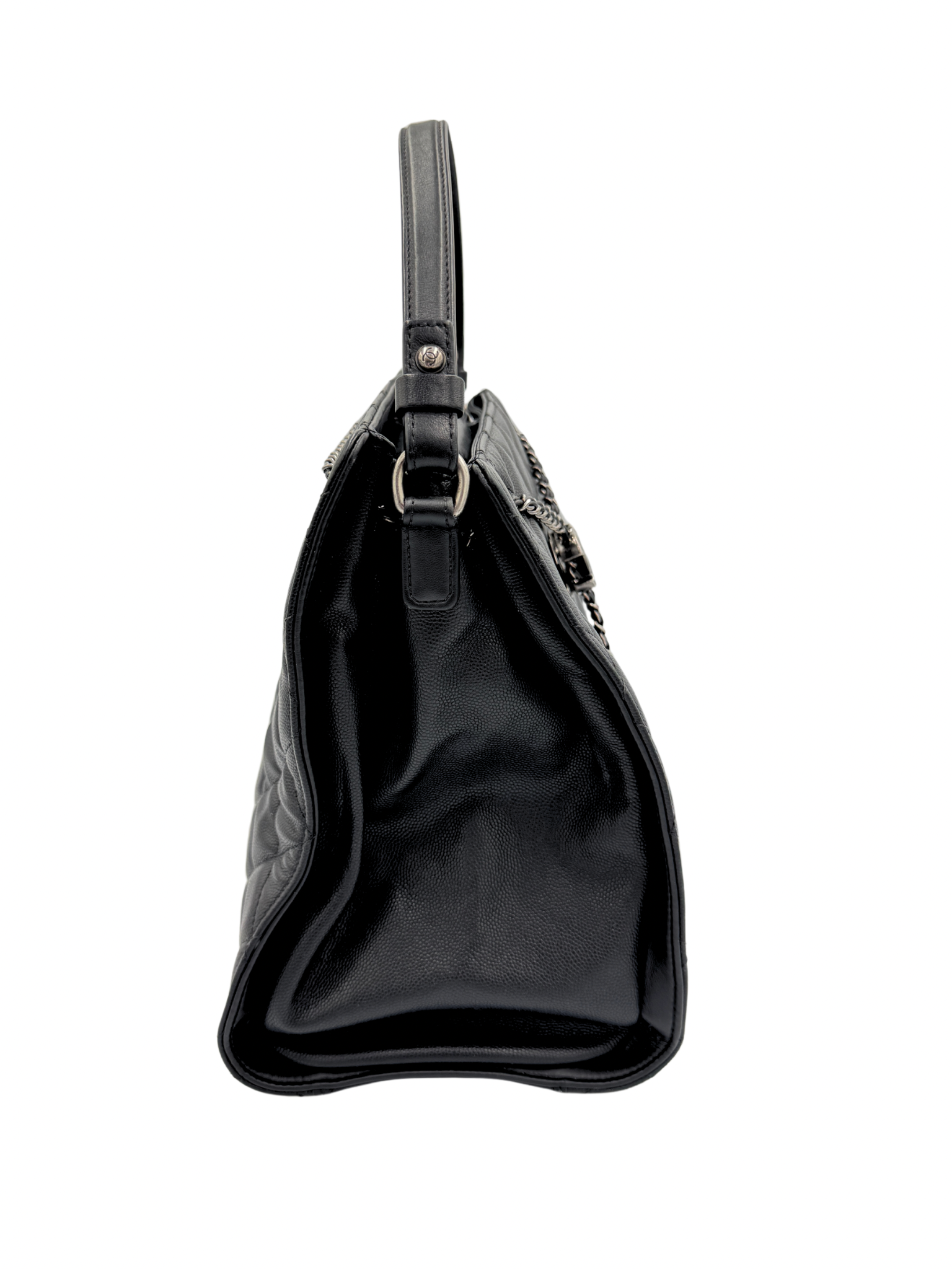Medium Accordion Top Handle CC Bucket Bag in Black Caviar Leather