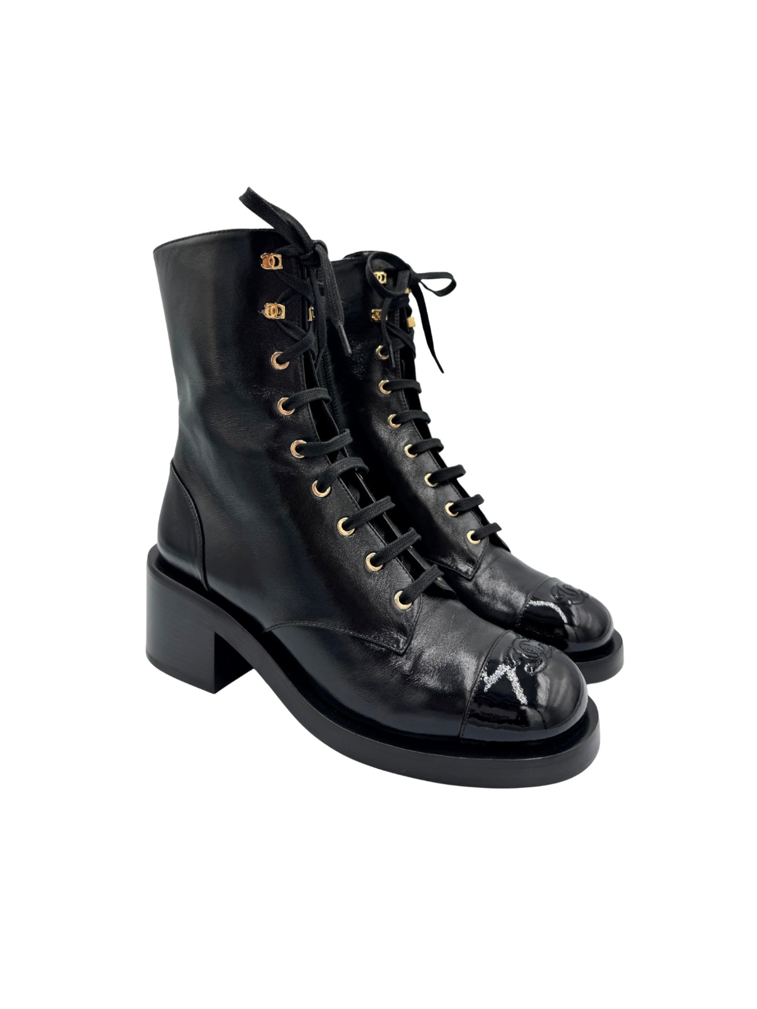 Size 40 2025 CC Combat Boots in Black Lambskin Leather with Patent Leather Accents