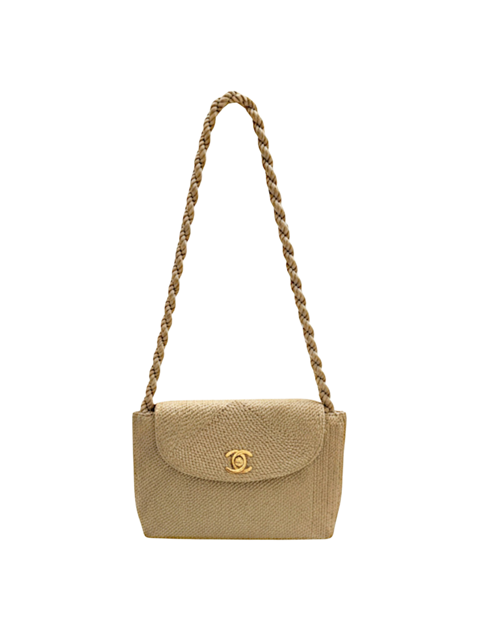 Vintage Woven Single Flap Shoulder Bag with Rope Detail in Gold Satin