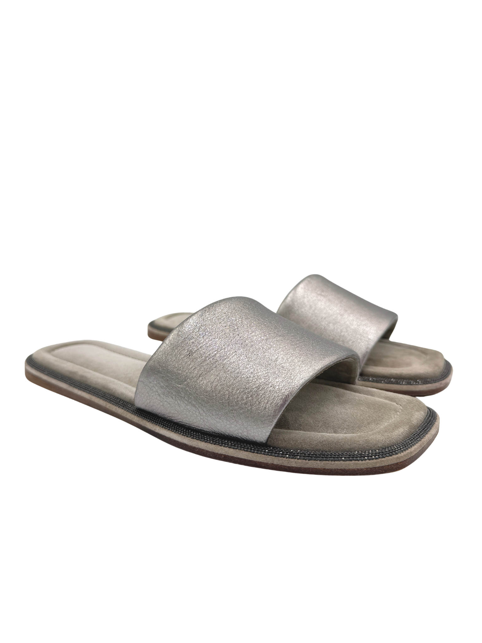 Size 40 Flat Slide Sandals in Silver Leather & Grey Suede