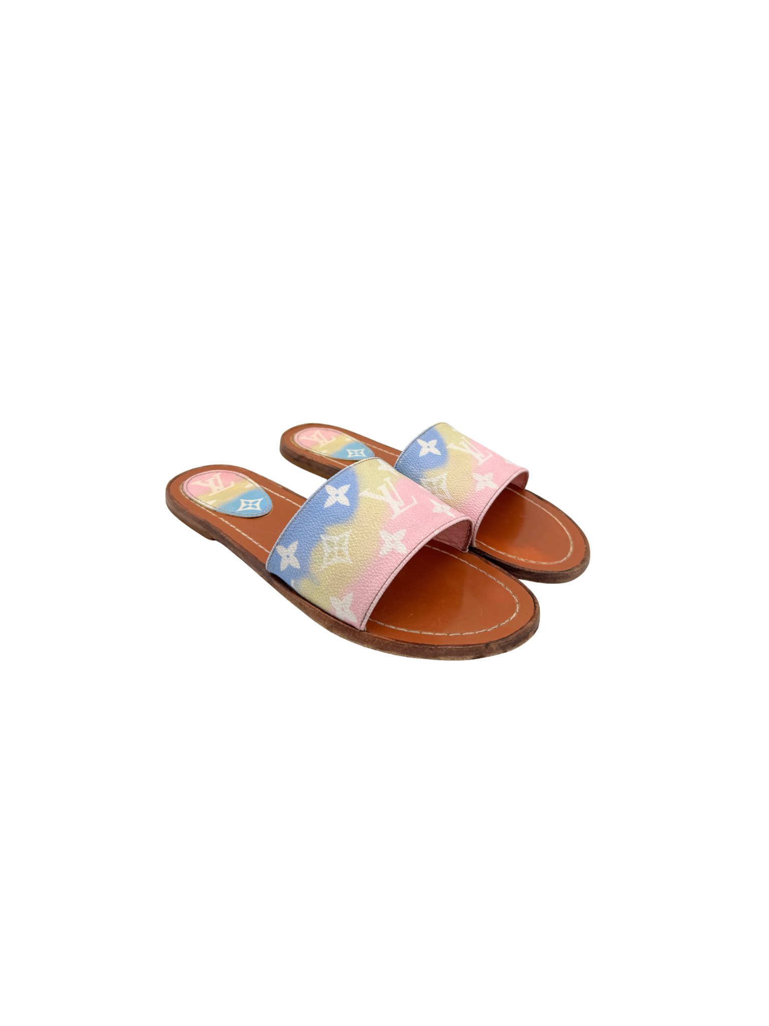 Size 38 Special Edition Monogram Escale Lock It Flat Mule Slide Sandals in Pastel Multicolor Coated Canvas