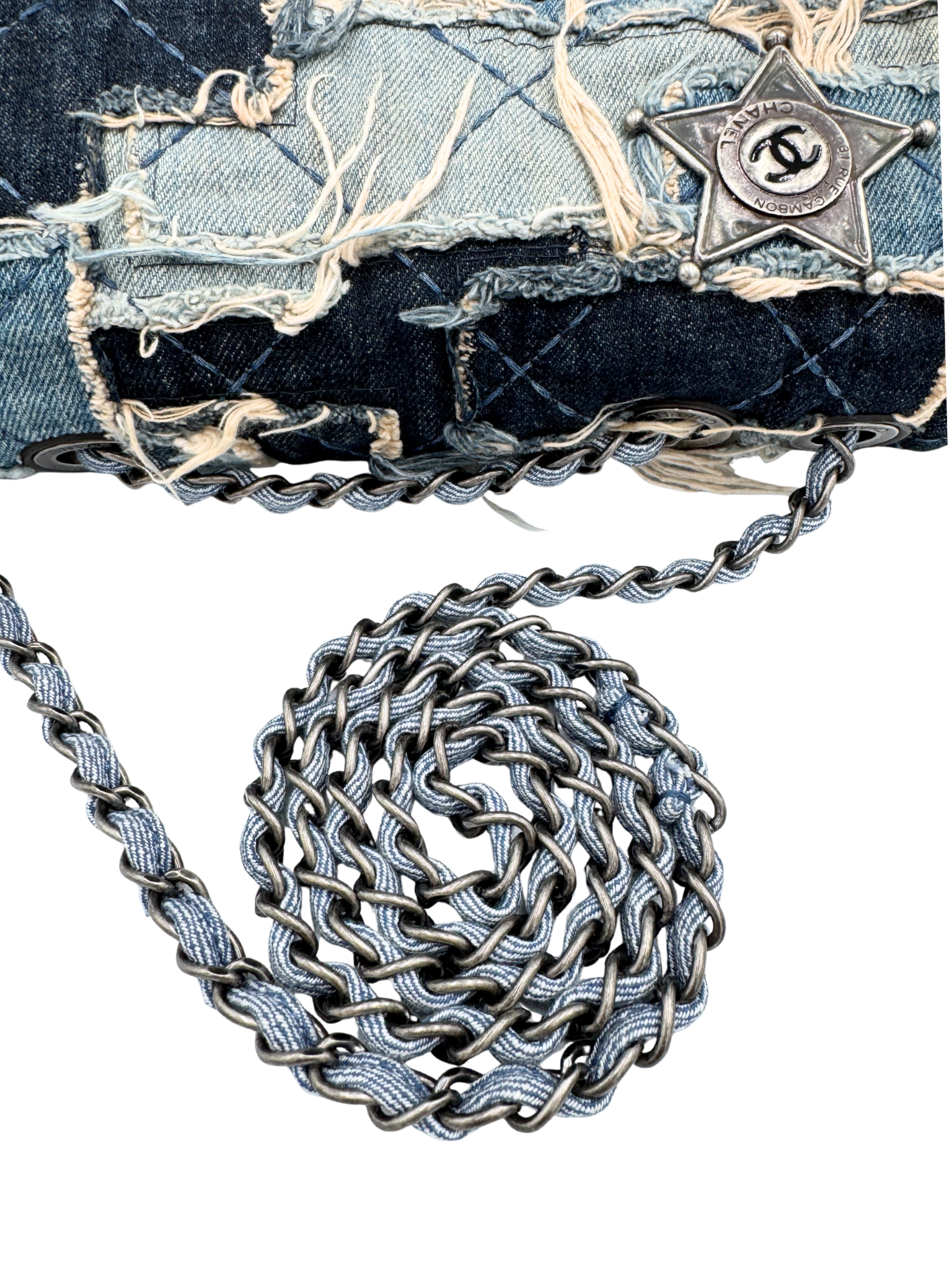 Paris Dallas Collection East-West Classic Flap Shoulder Bag in Patchwork Denim