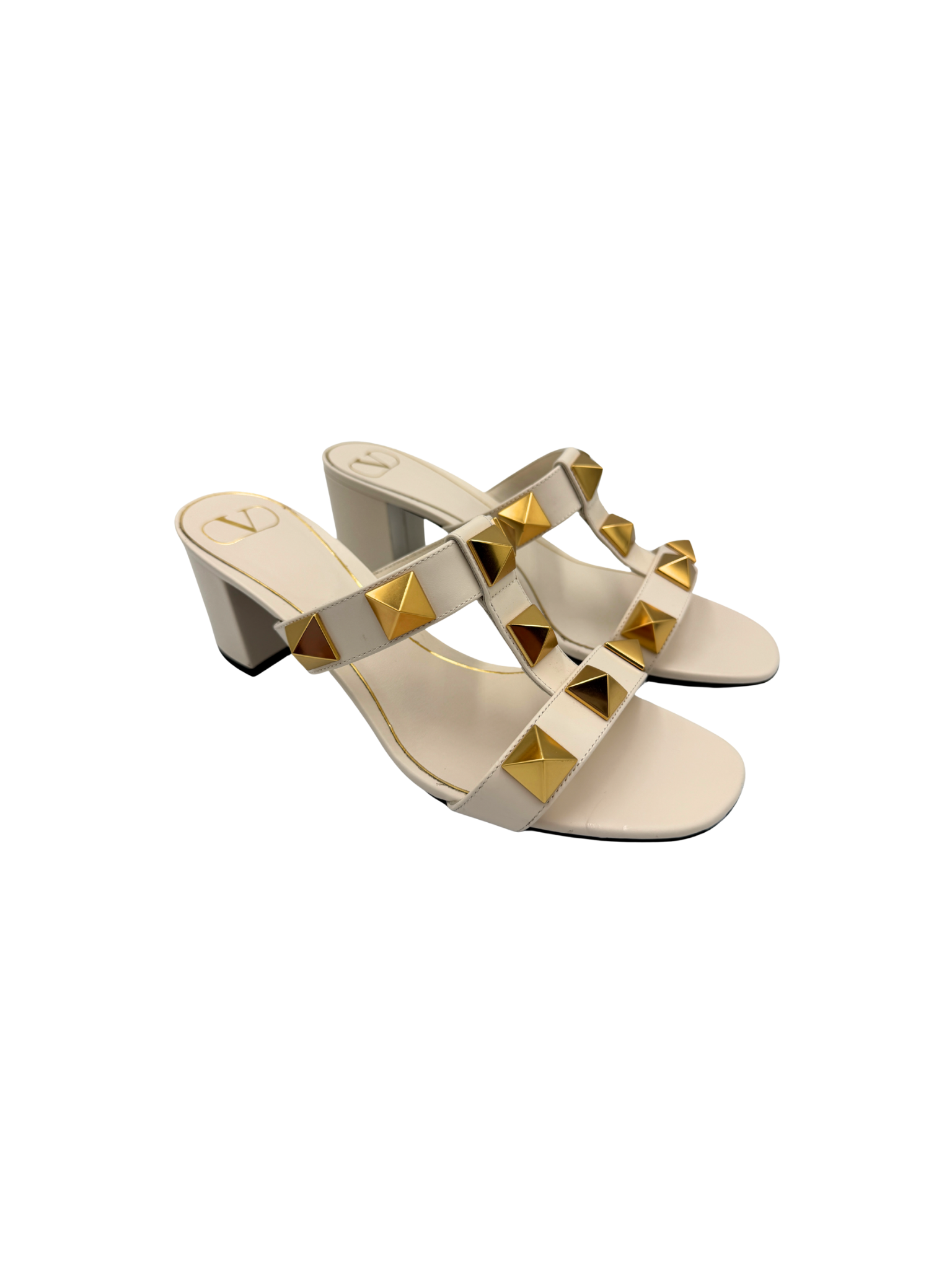 Size 40 Roman Stud Slide Heel Sandals 60mm in Ivory Smooth Calfskin Leather