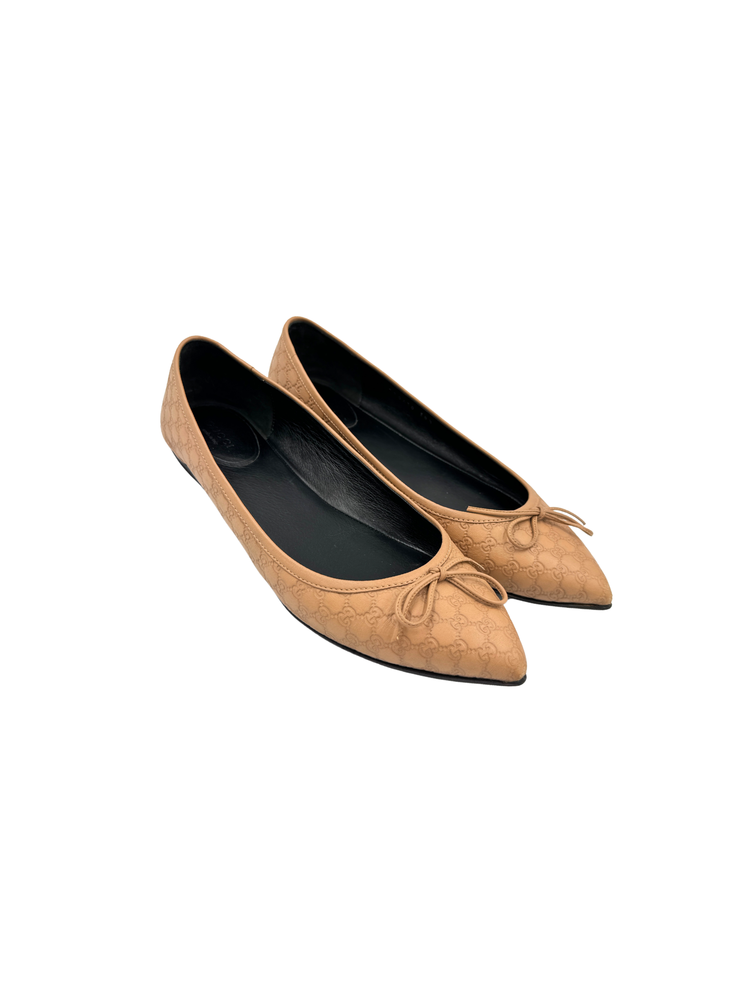 Size 38.5 Guccisima Logo Pointed Toe Flats in Tan Monogram GG Supreme Leather