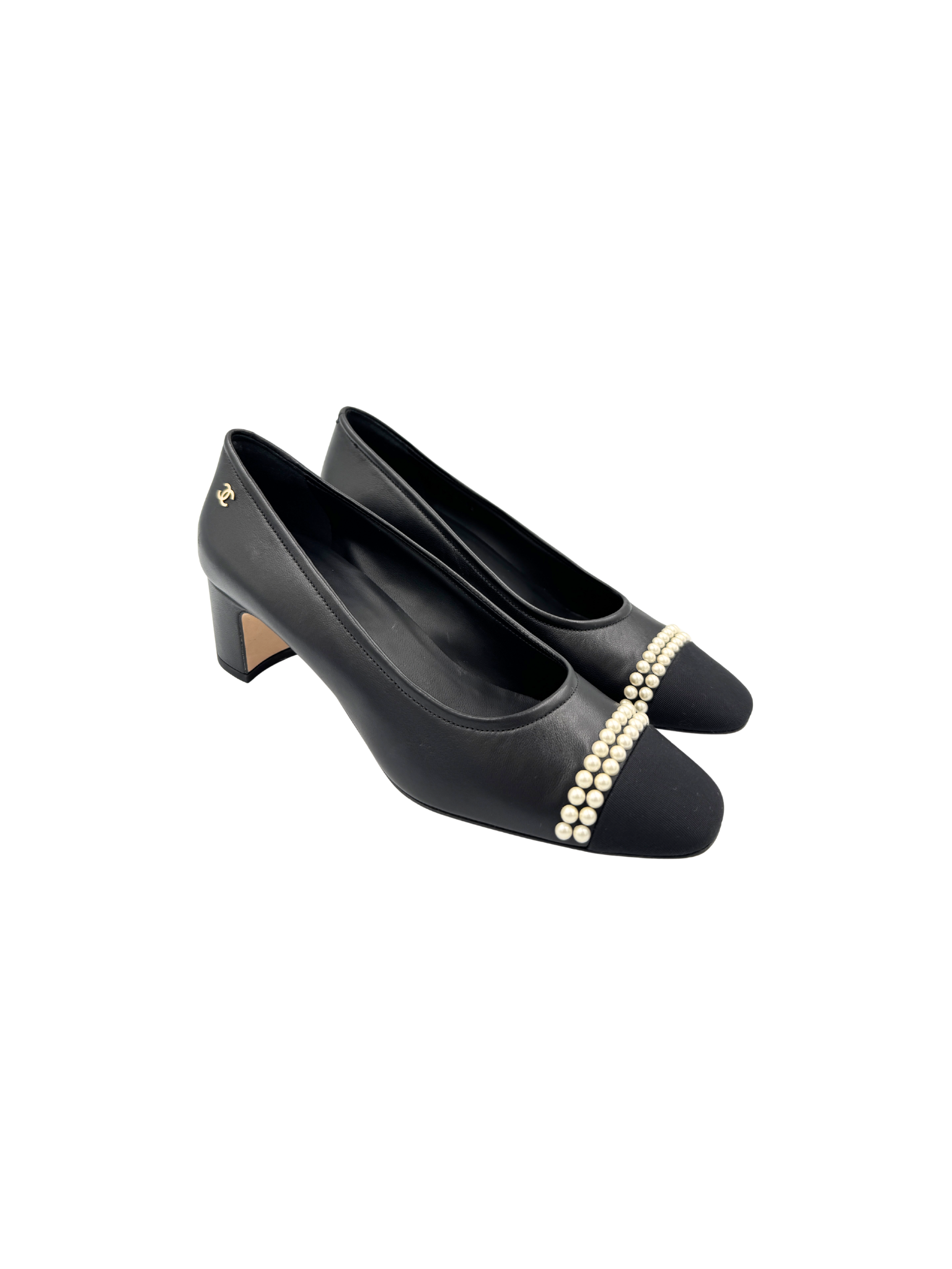 Size 39 2020 Pearl-Embellished CC Cap-Toe Pumps in Black Leather