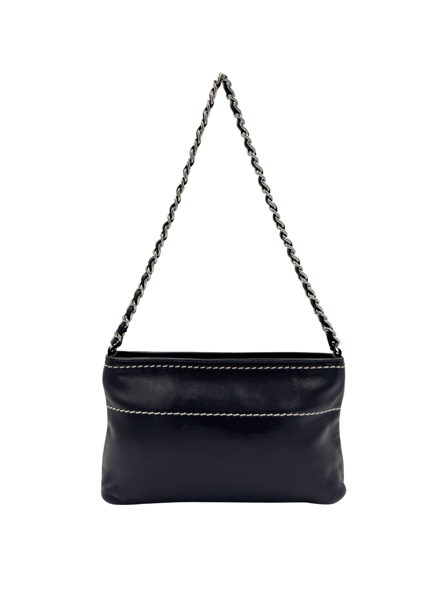 Logo Shoulder Bag Pochette in Black Lambskin Leather with Contrast Stitching