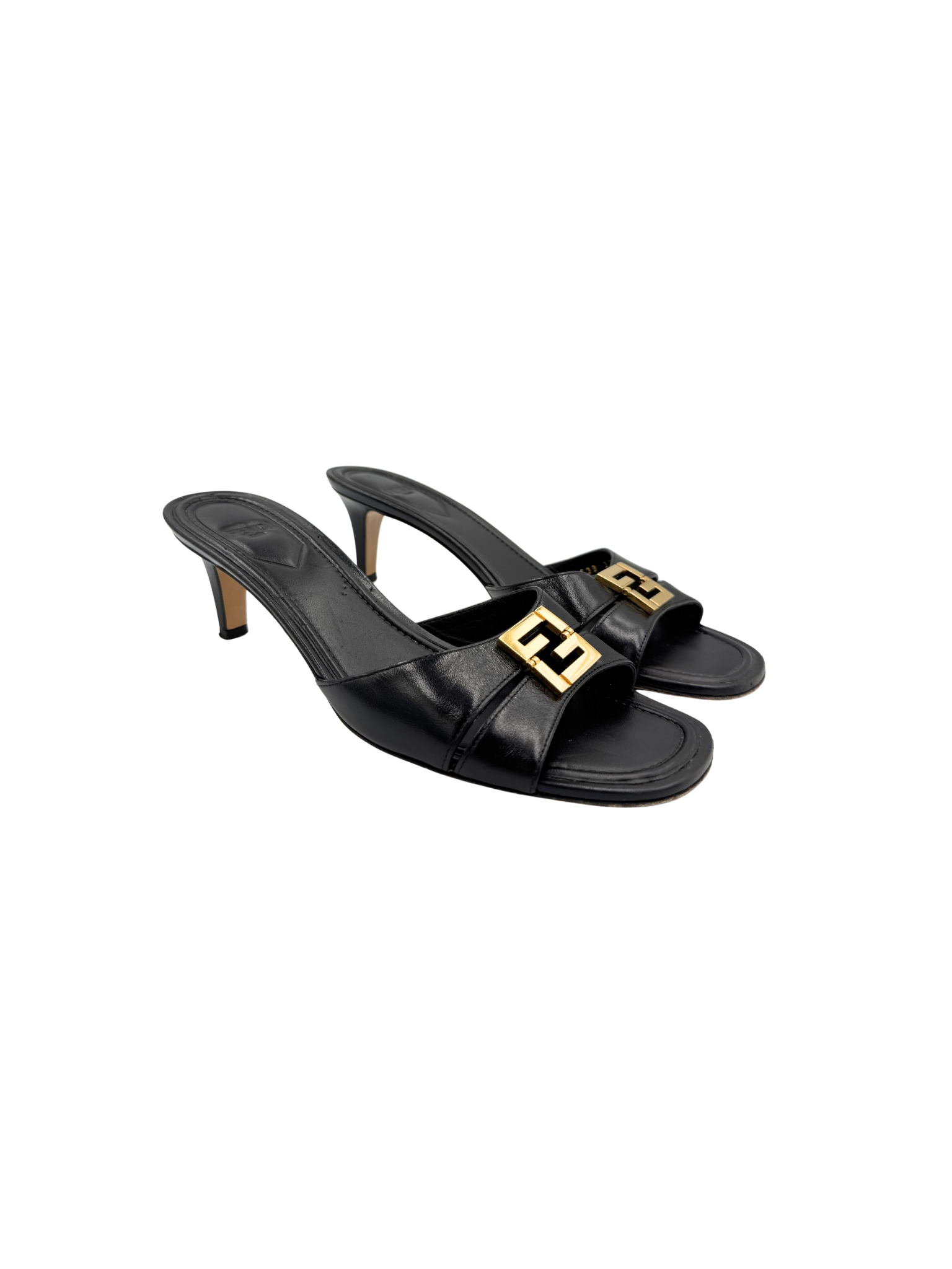 Size 39.5 FFold Heeled Mule Sandals in Black Leather