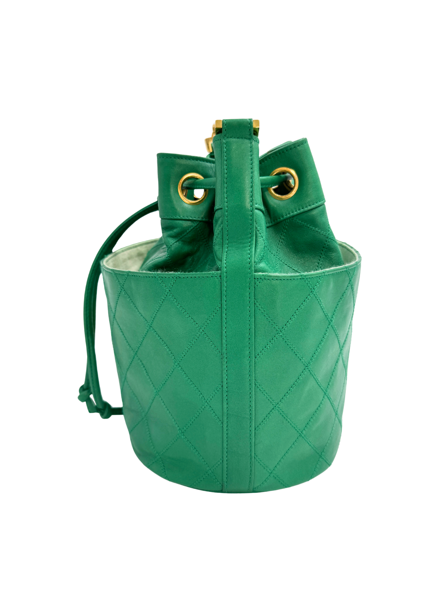 Vintage Quilted Drawstring Bucket Bag with Pouch in Green Lambskin Leather