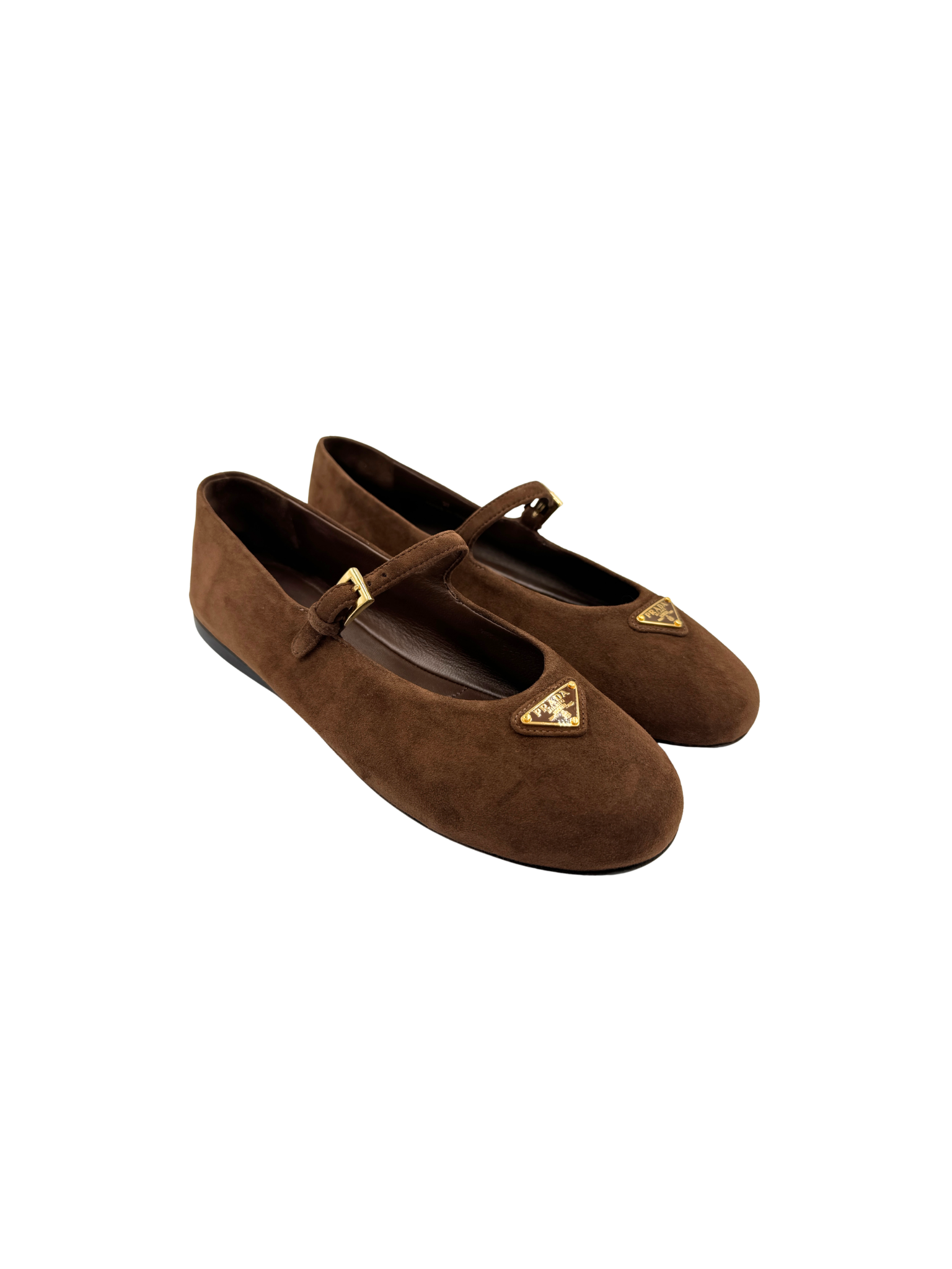 Size 37 Mary Jane Ballet Flats with Triangle Logo Plate in Brown Suede