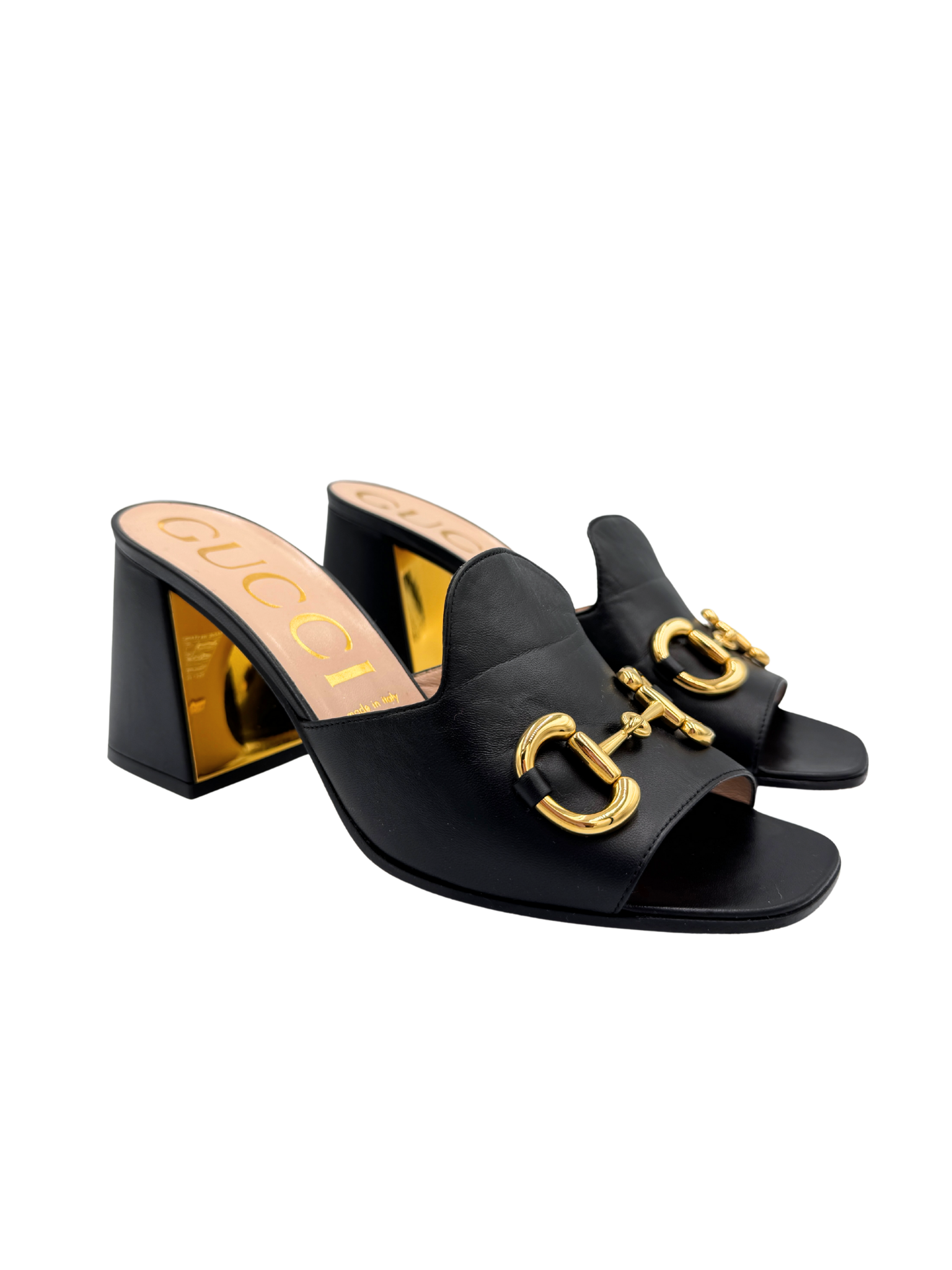 Size 40.5 Horsebit Slide Sandals in Black Smooth Leather