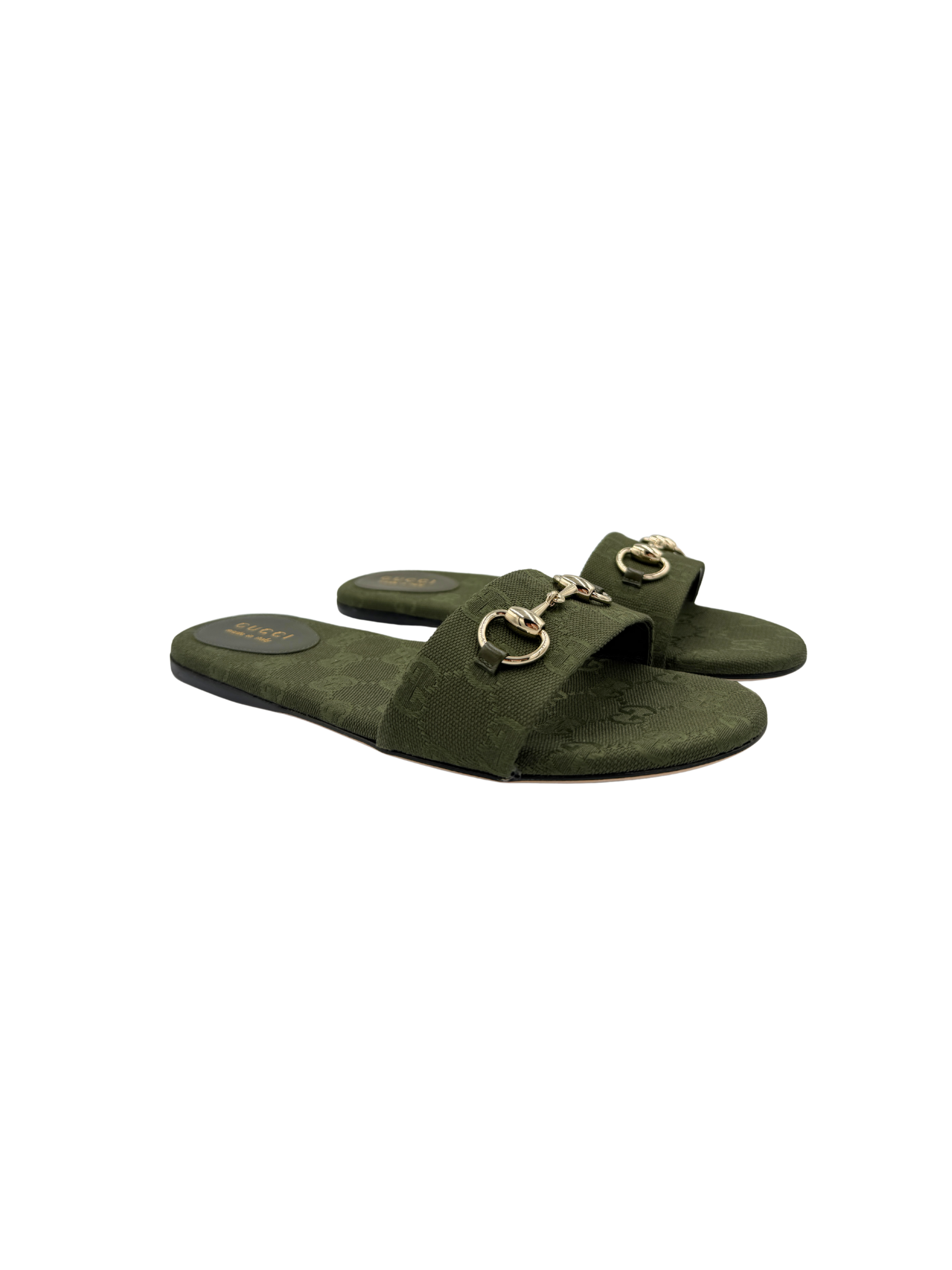 Size 39 Horsebit GG Supreme Flat Slide Sandals in Green Monogram Canvas