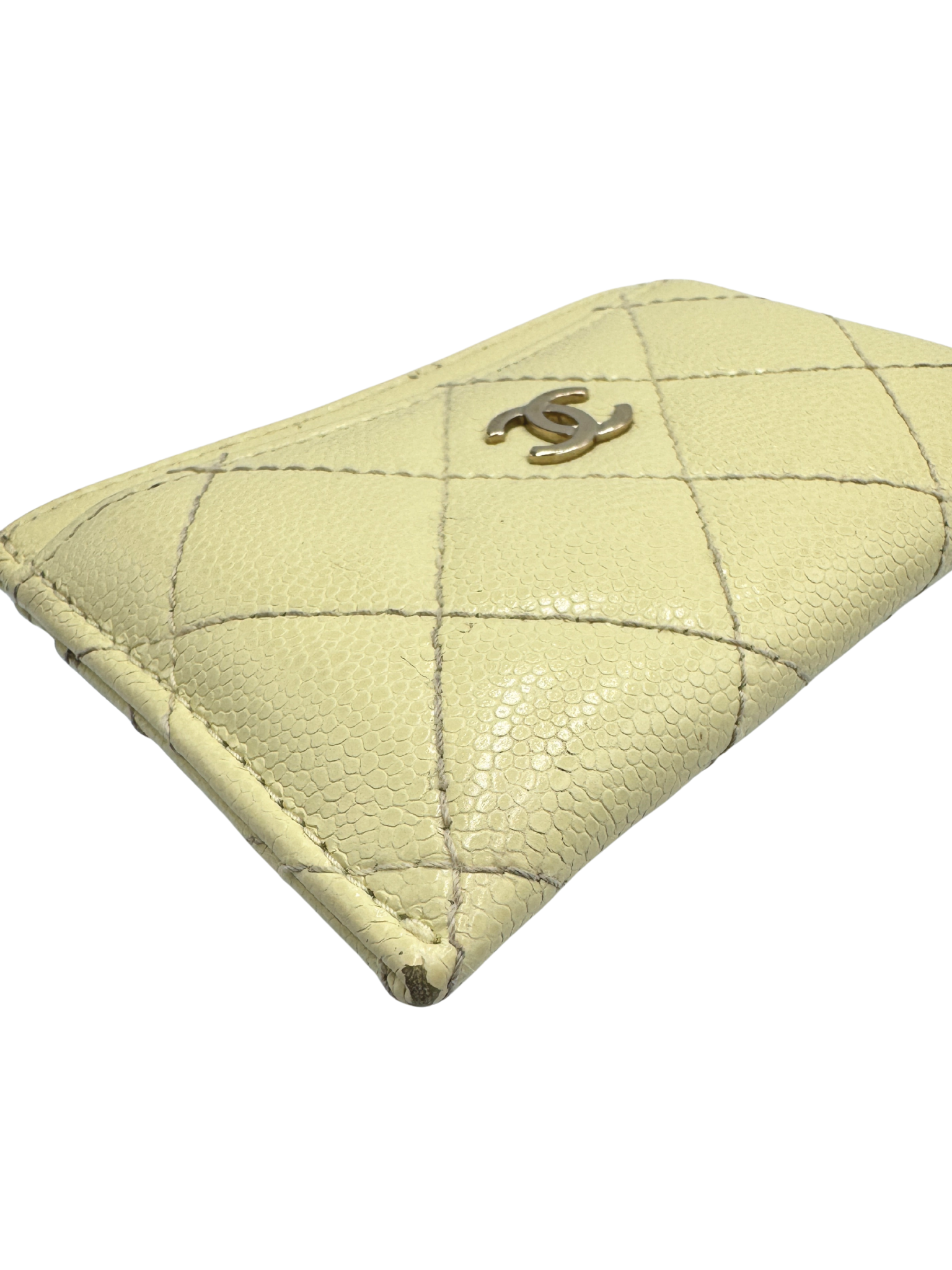 Quilted Classic CC Card Holder Wallet in Light Yellow Caviar Leather