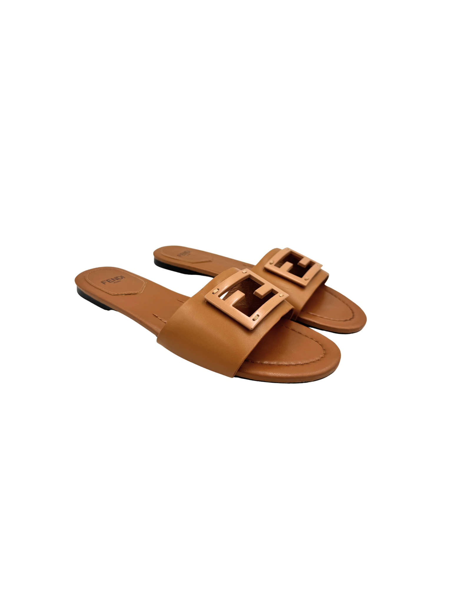 Size 39 FF Baguette Flat Slide Sandals in Brown Leather