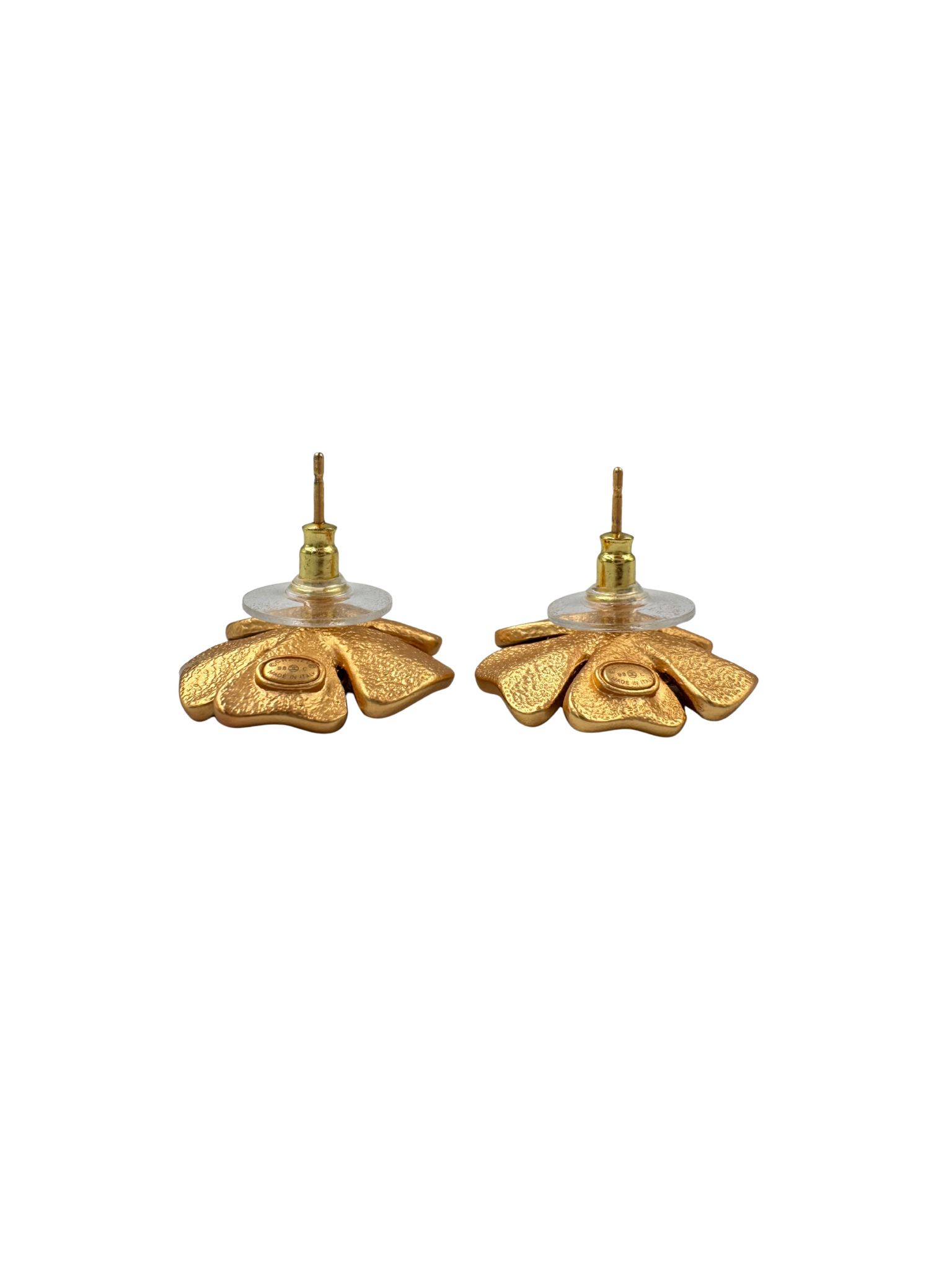 Vintage 1998 Painted CC Camellia Flower Stud Earrings in 24k Gold-Plated Hardware