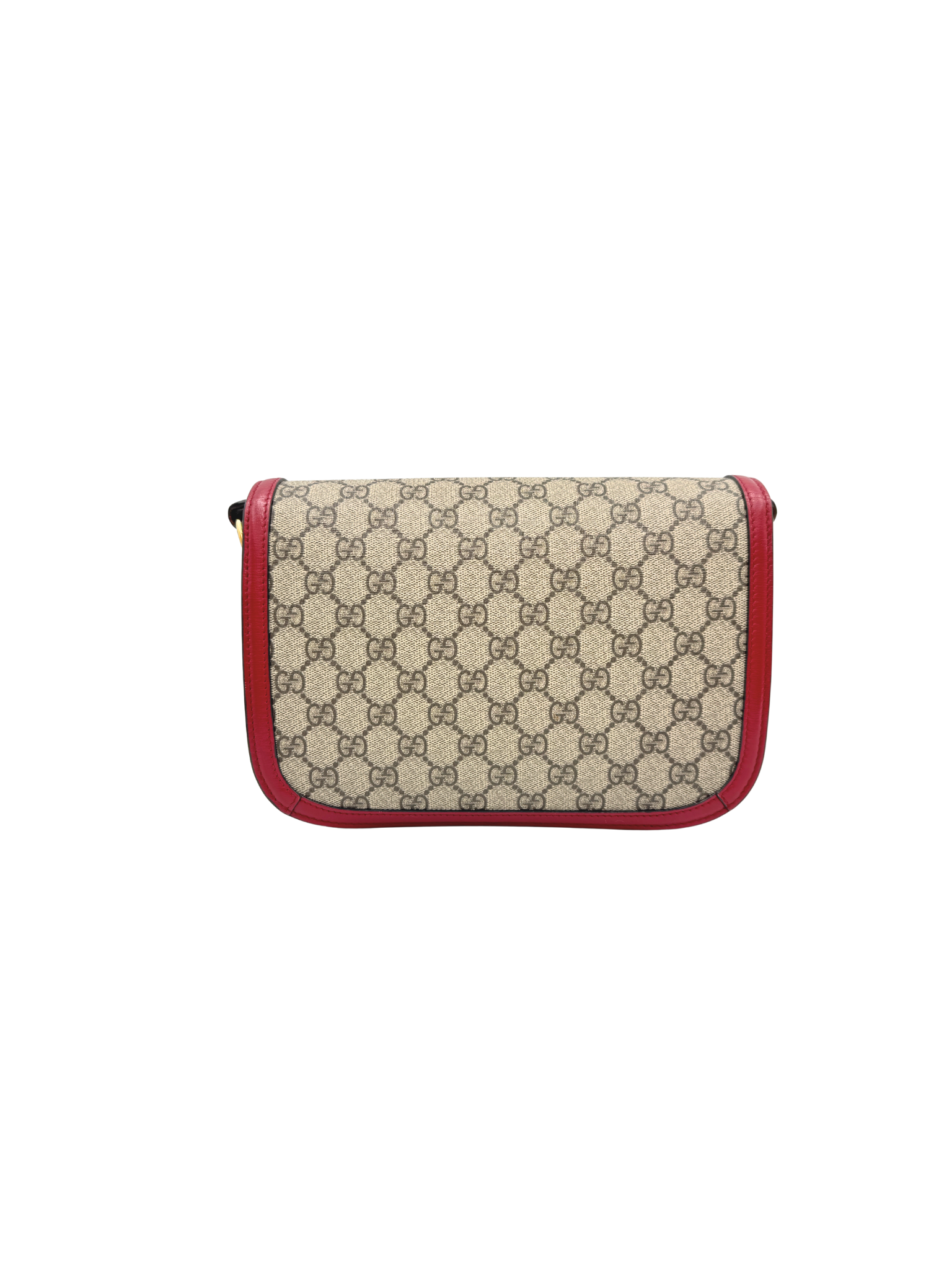 1955 Horsebit Shoulder Bag in Brown and Tan Monogram GG Supreme Coated Canvas with Burgundy Leather Trim (Copy)