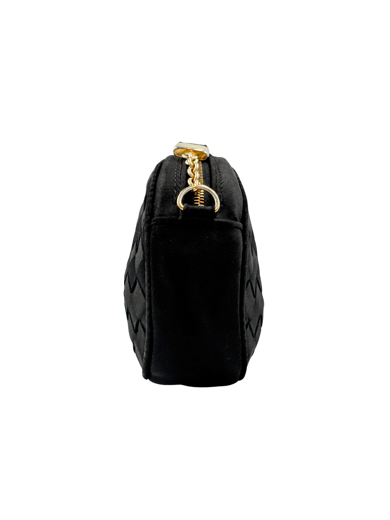 Vintage Camera Shoulder Bag in Black Intrecciato Woven Satin