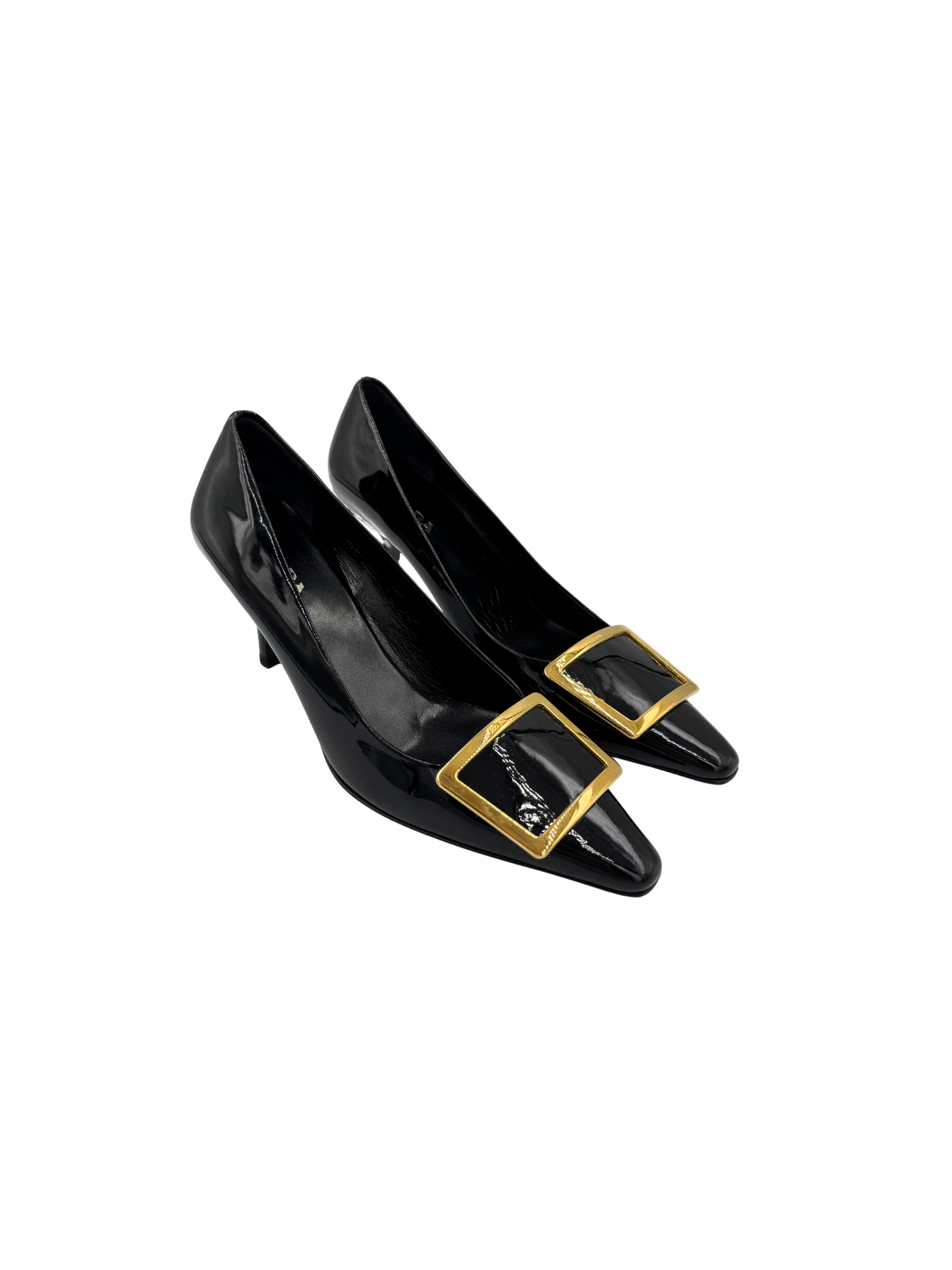 Size 36.5 Pointed Toe Pumps with Square Buckle in Black Leather