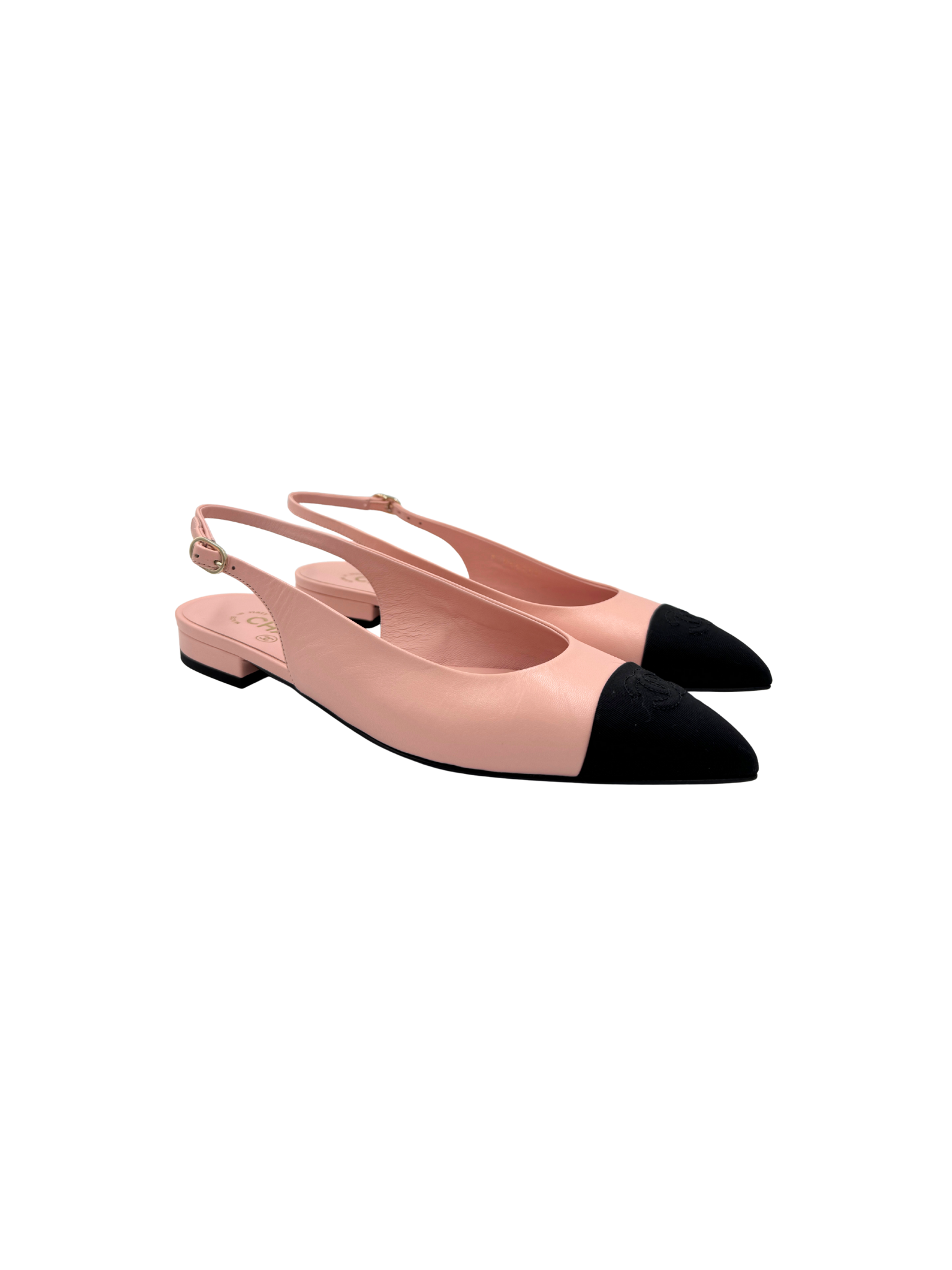 Size 39.5 2024 CC Logo Cap Toe Slingback Flats in Light Pink Goatskin Leather